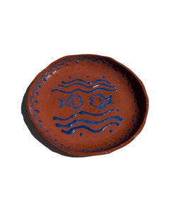 Hand-Painted Ceramic Serving Plate with Blue Aquatic Scalloped Details