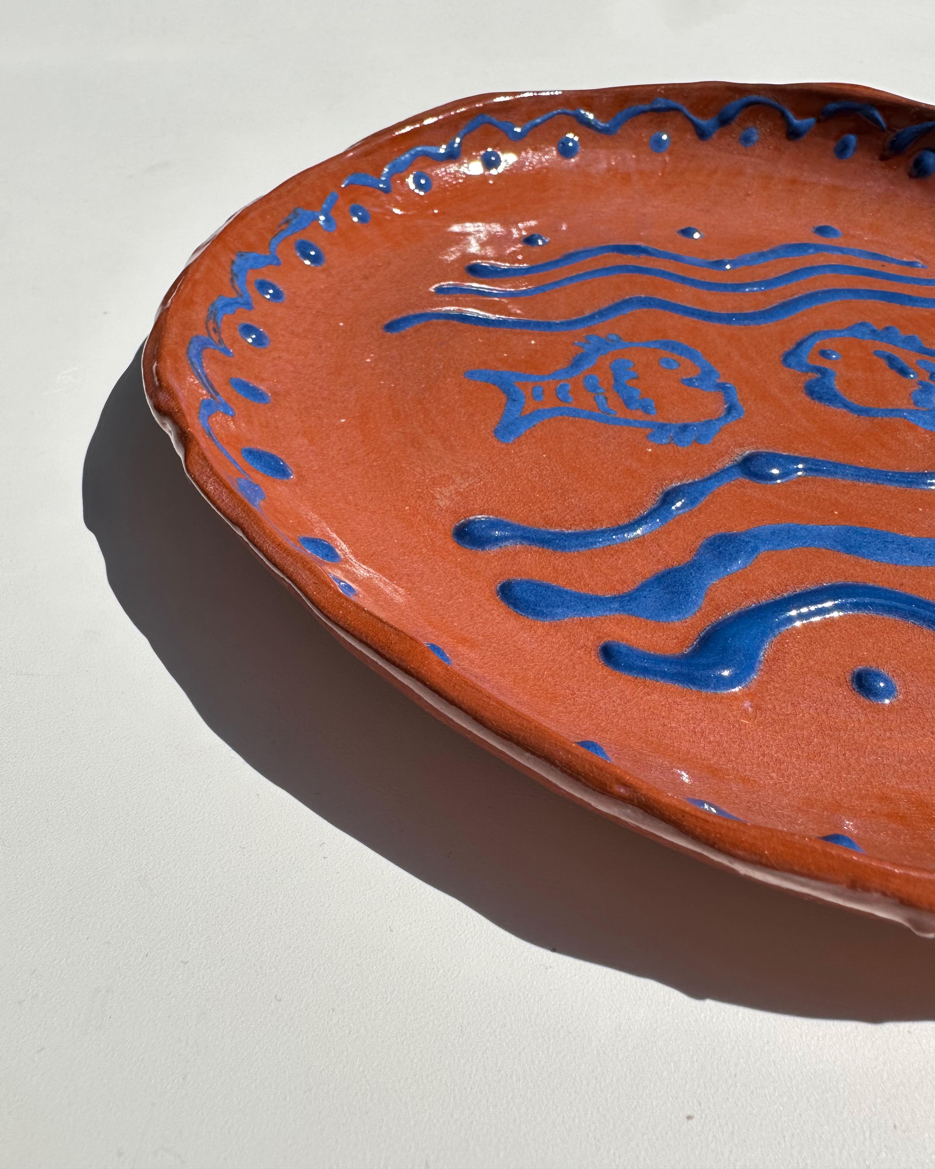 Folk Art Hand-Painted Ceramic Serving Plate with Blue Aquatic Scalloped Details