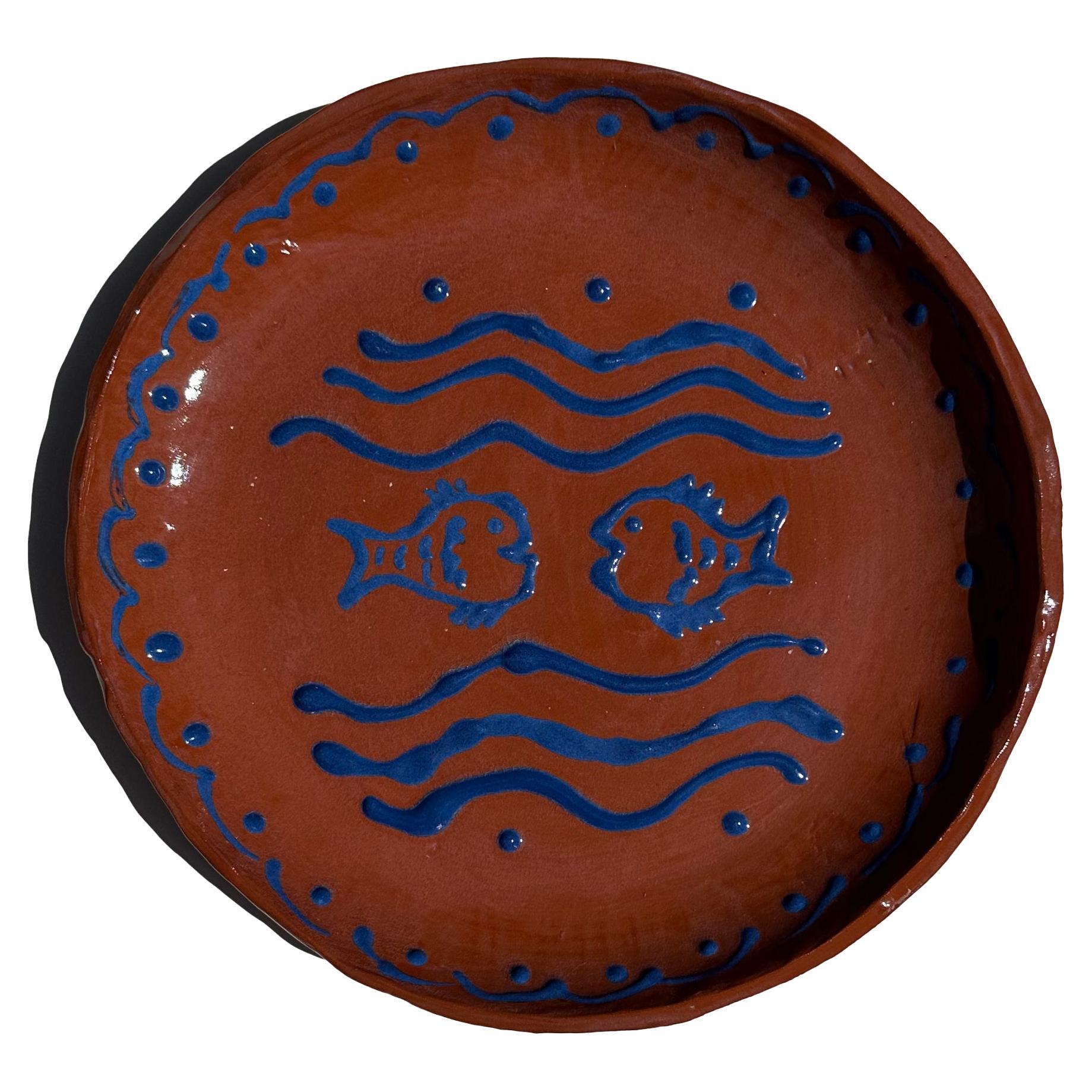 Hand-Painted Ceramic Serving Plate with Blue Aquatic Scalloped Details