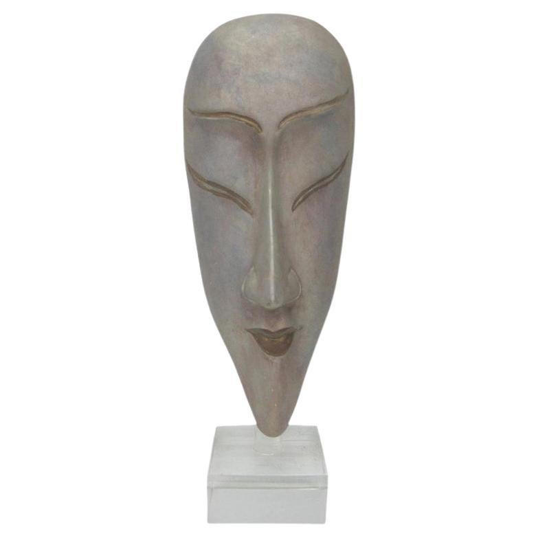 Hand-Painted Ceramic Silver Glazed Glass Woman Long Face Mask For Sale