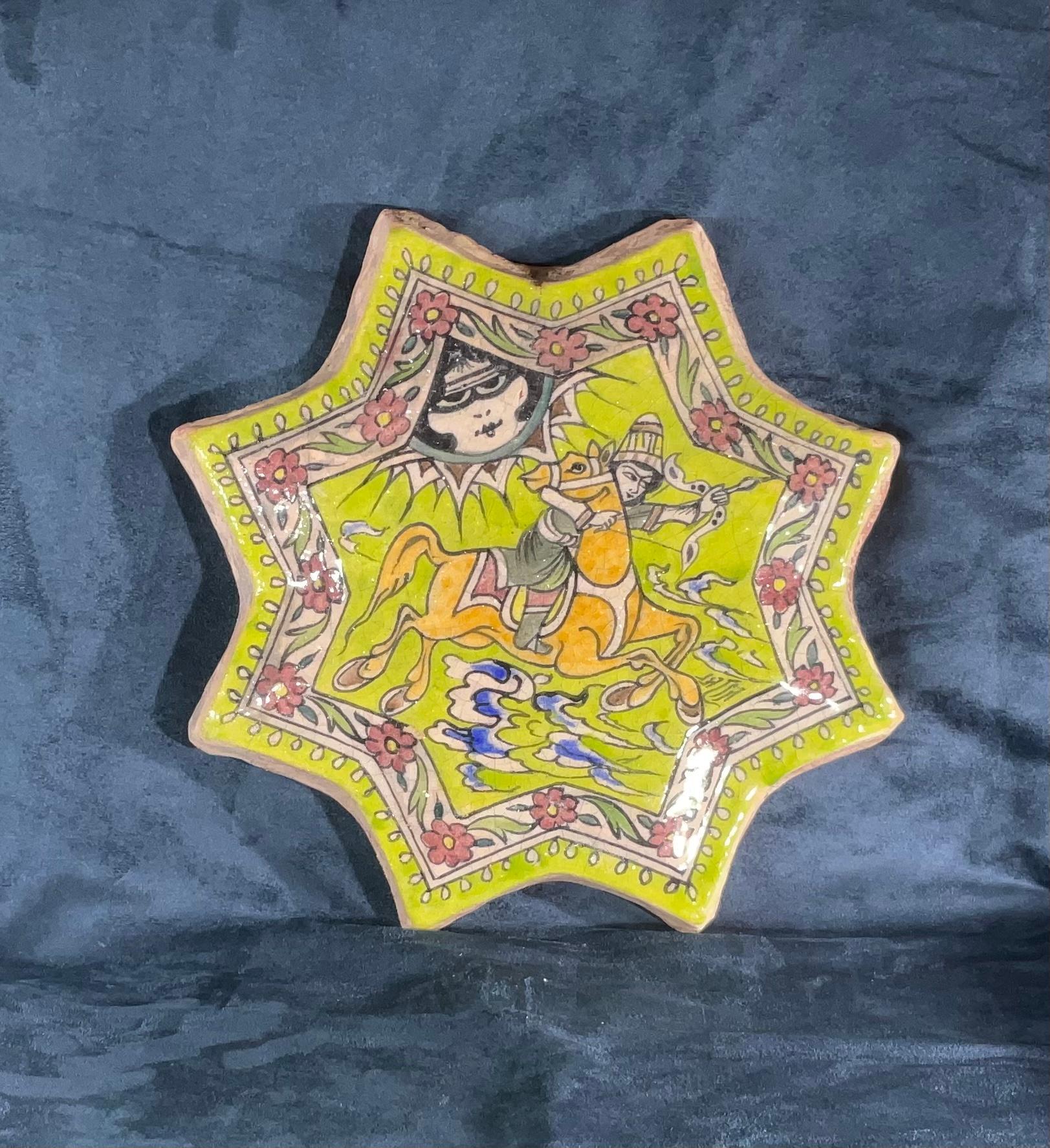 Exceptional ceramic wall hanging hand painted and glaze with colorful motif of warrior riding on a horse, surrounded with beautiful floral border.
Could hang on the wall.
The tile has minor age hairline crack that was professionally addressed and