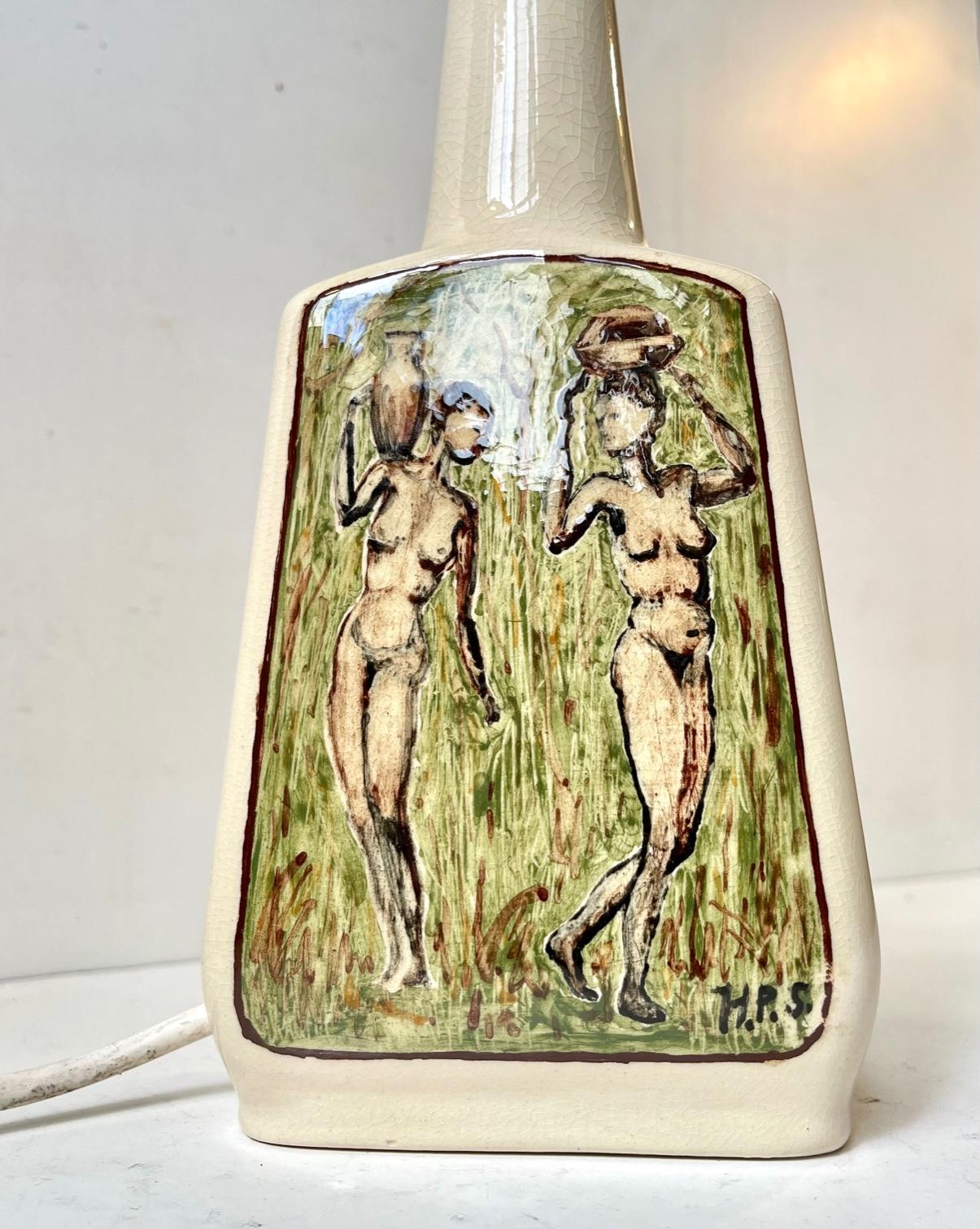 European Hand-painted Ceramic Table Lamp with Naked African Woman, 1970s For Sale