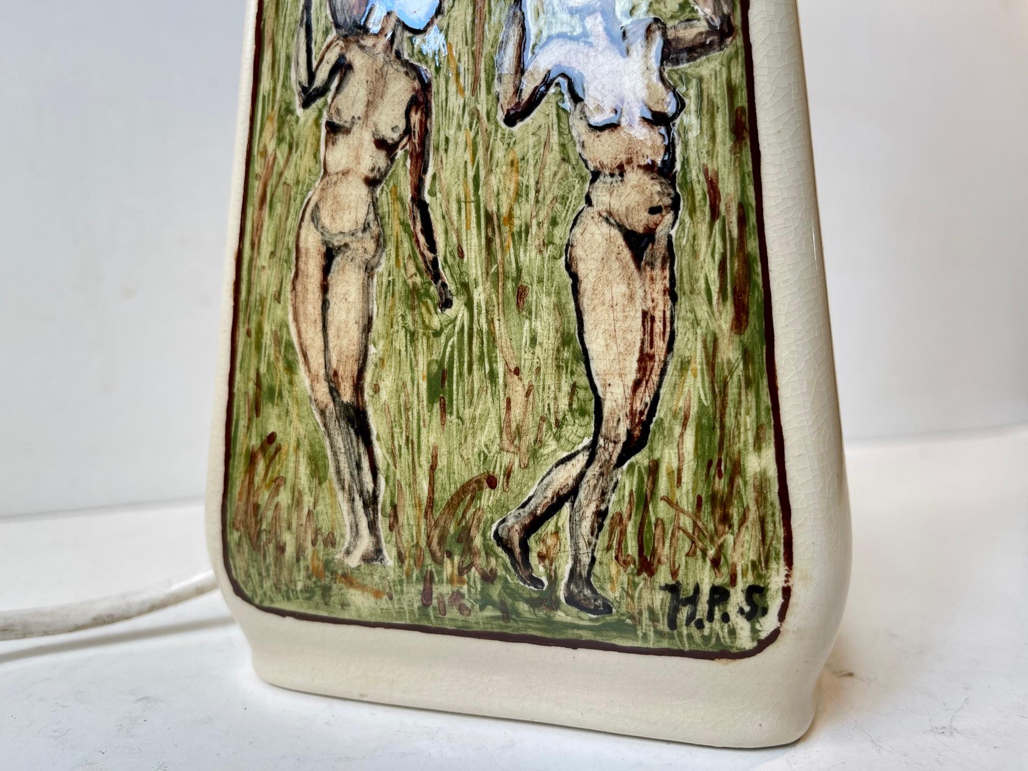 Glazed Hand-painted Ceramic Table Lamp with Naked African Woman, 1970s For Sale