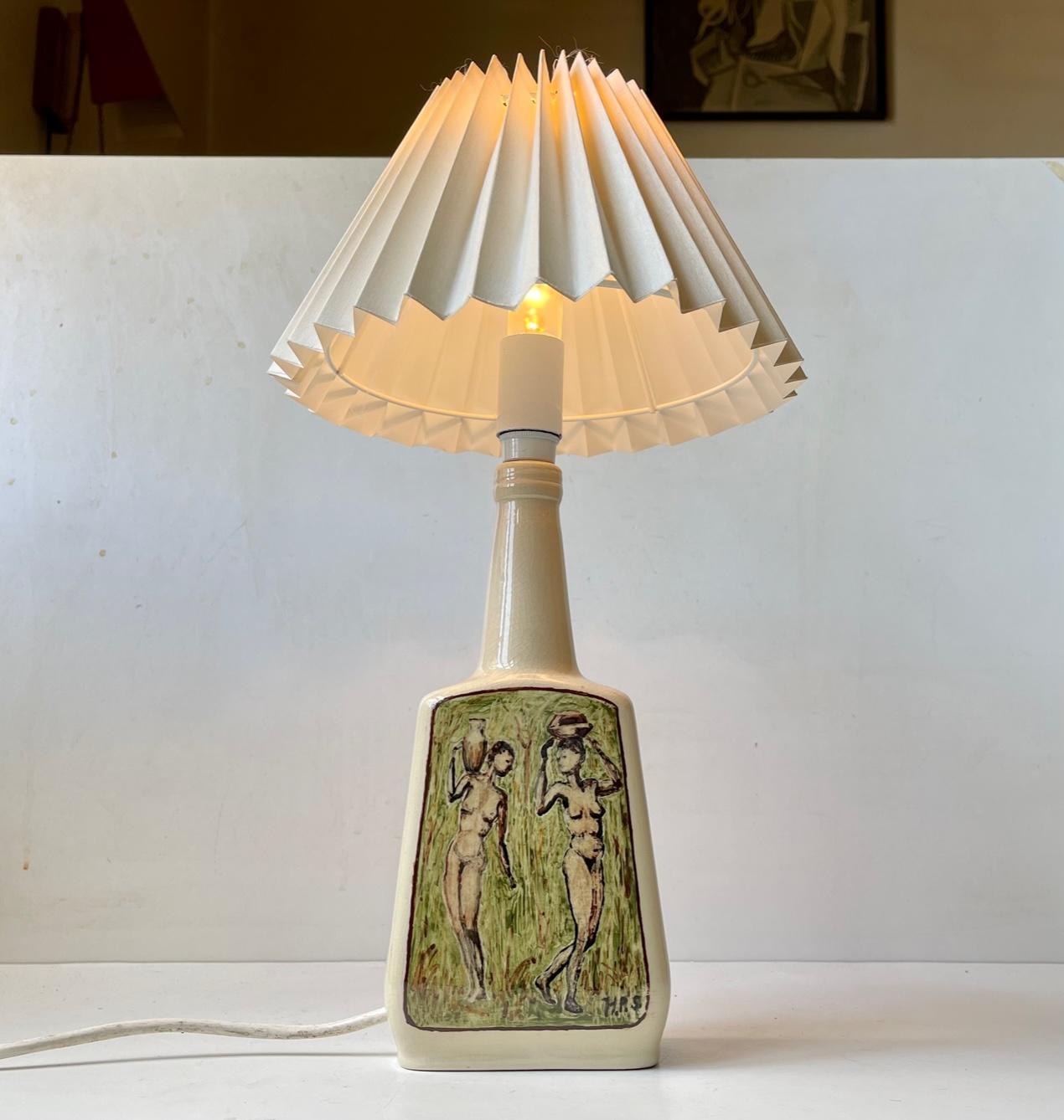 Hand-painted Ceramic Table Lamp with Naked African Woman, 1970s For Sale 1