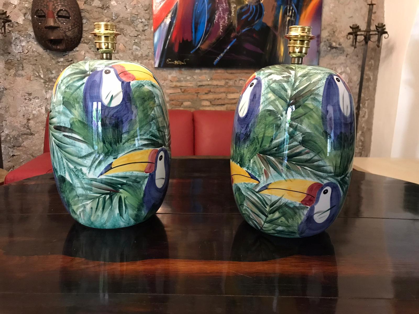 Hand Painted Ceramic Table lamps, Italy 1960s In Good Condition For Sale In London, GB
