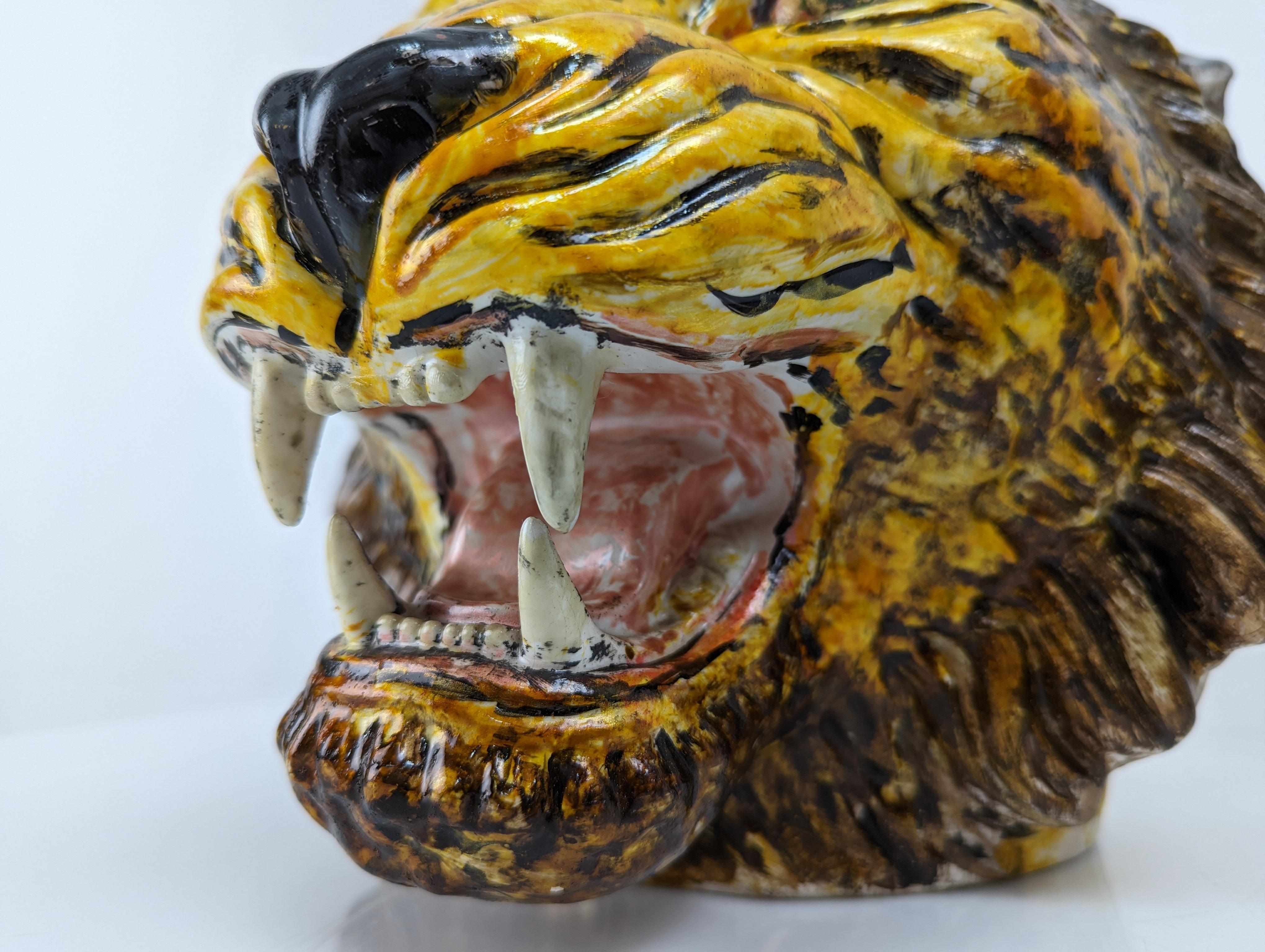 Hand-Painted Ceramic Tiger Head Planter, Italy 1960s 4