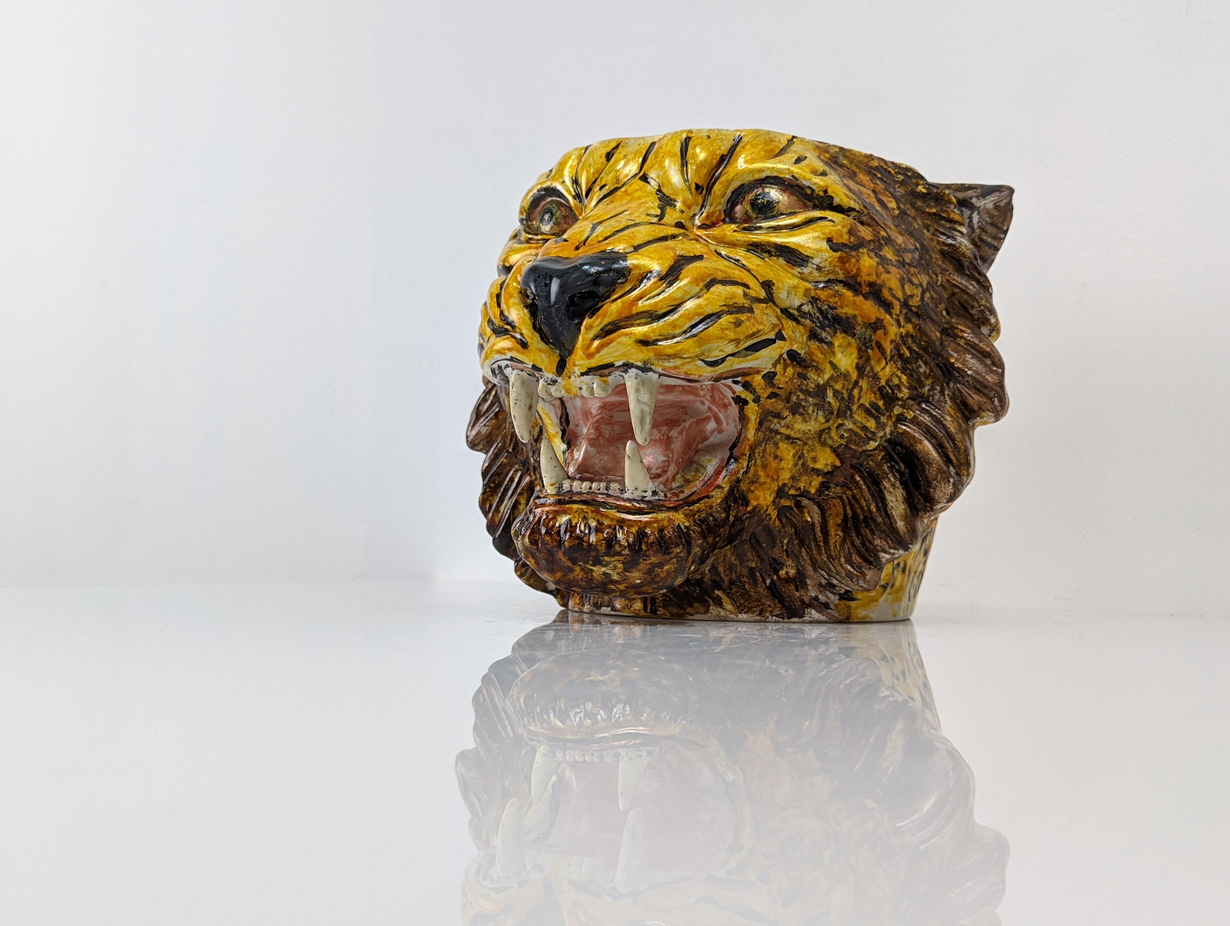Hand-Painted Ceramic Tiger Head Planter, Italy 1960s 10