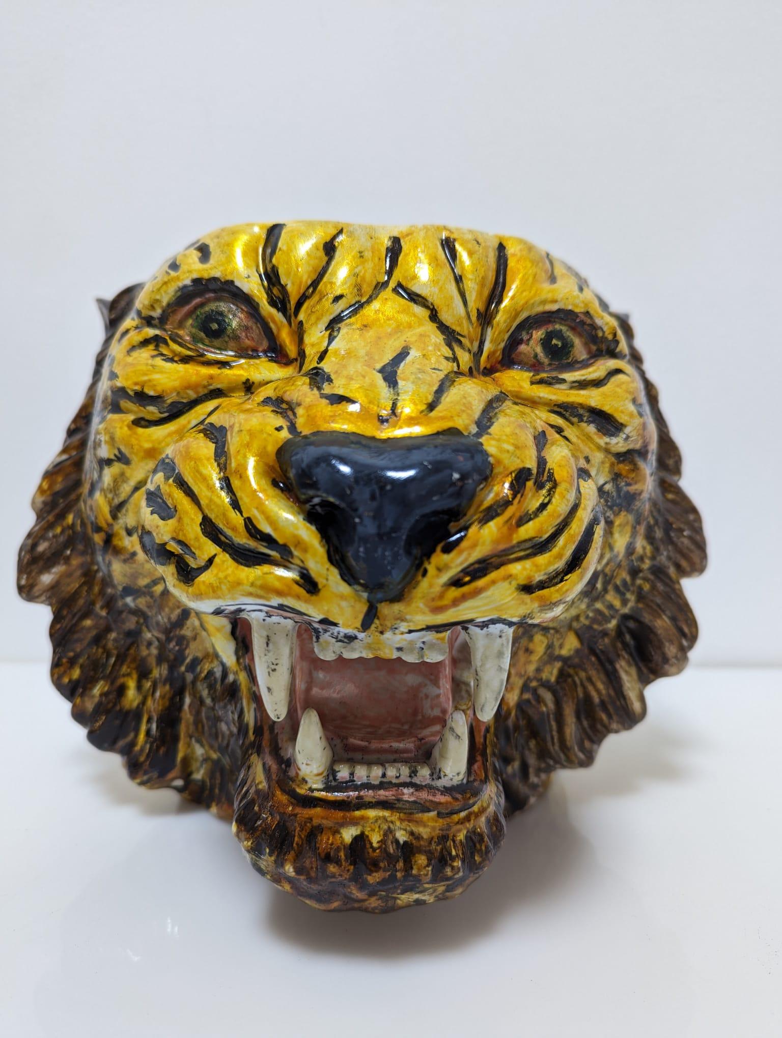 Italian Hand-Painted Ceramic Tiger Head Planter, Italy 1960s