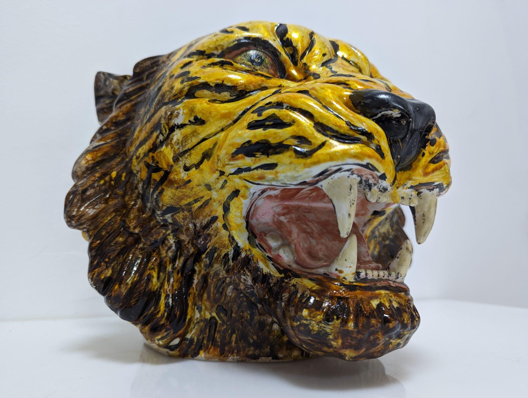 Hand-Painted Ceramic Tiger Head Planter, Italy 1960s In Fair Condition In Benalmadena, ES