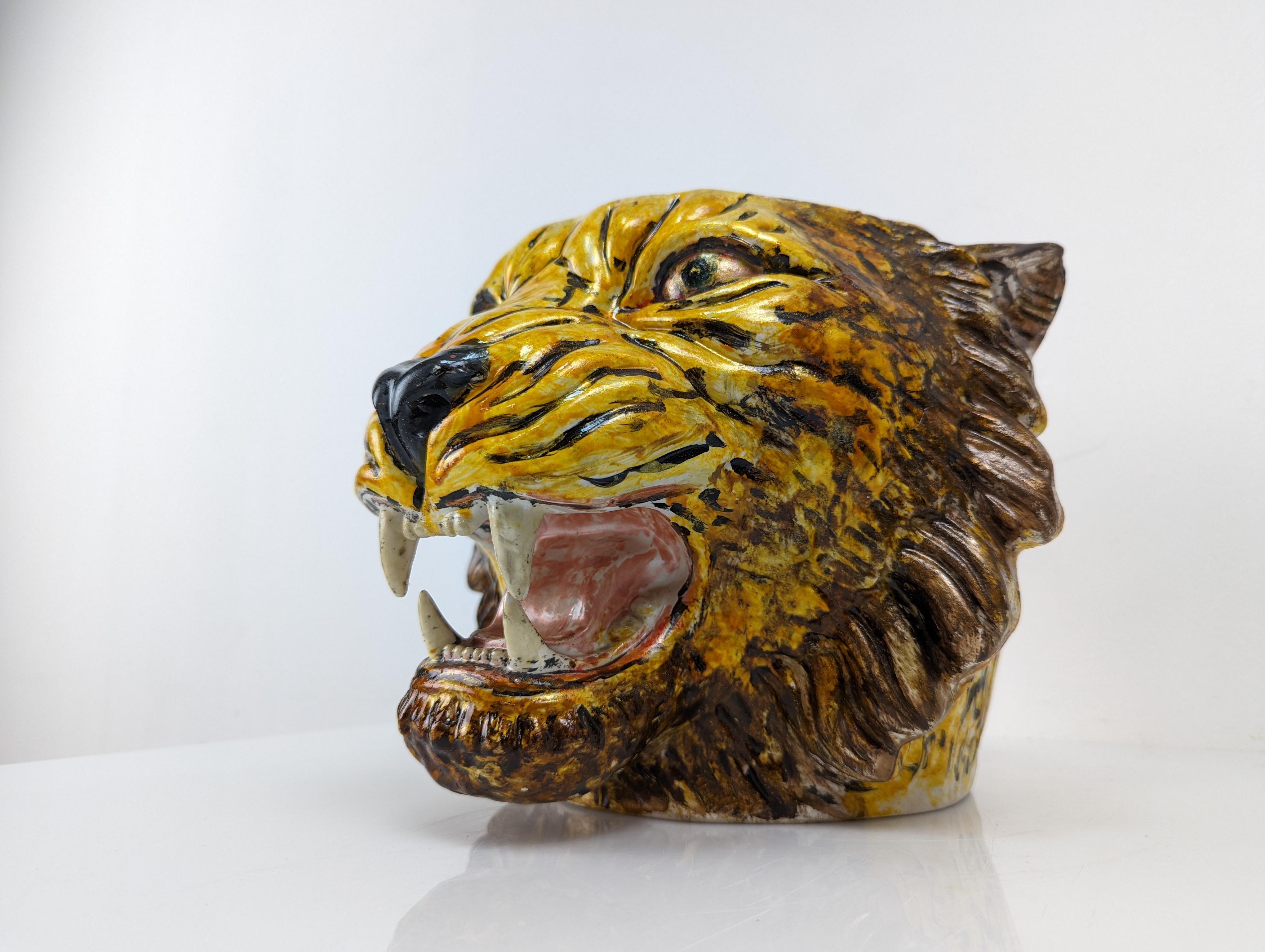 Hand-Painted Ceramic Tiger Head Planter, Italy 1960s 1