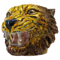 Hand-Painted Ceramic Tiger Head Planter, Italy 1960s