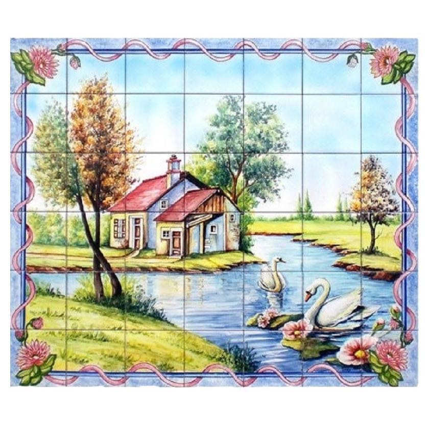 Azulejos Portuguese Hand Painted Ceramic Tile Mural "Swans" Signed by