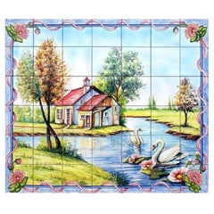 Swan Tile Mural in Pure Clay and Fine Ceramic, Portuguese Tiles