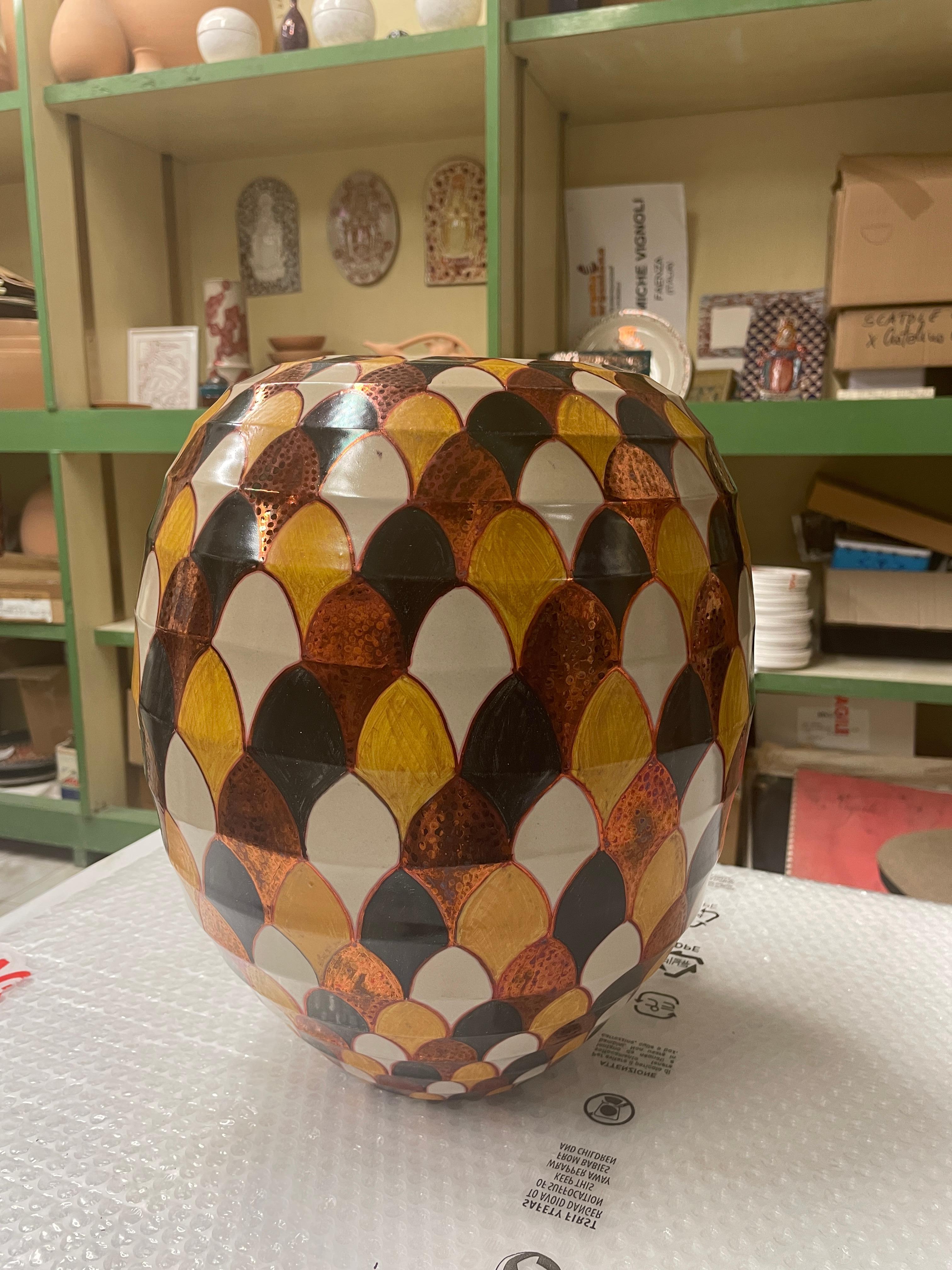 Italian Hand Painted Ceramic Vase by Bottega Vignoli Italy Contemporary Majolica For Sale