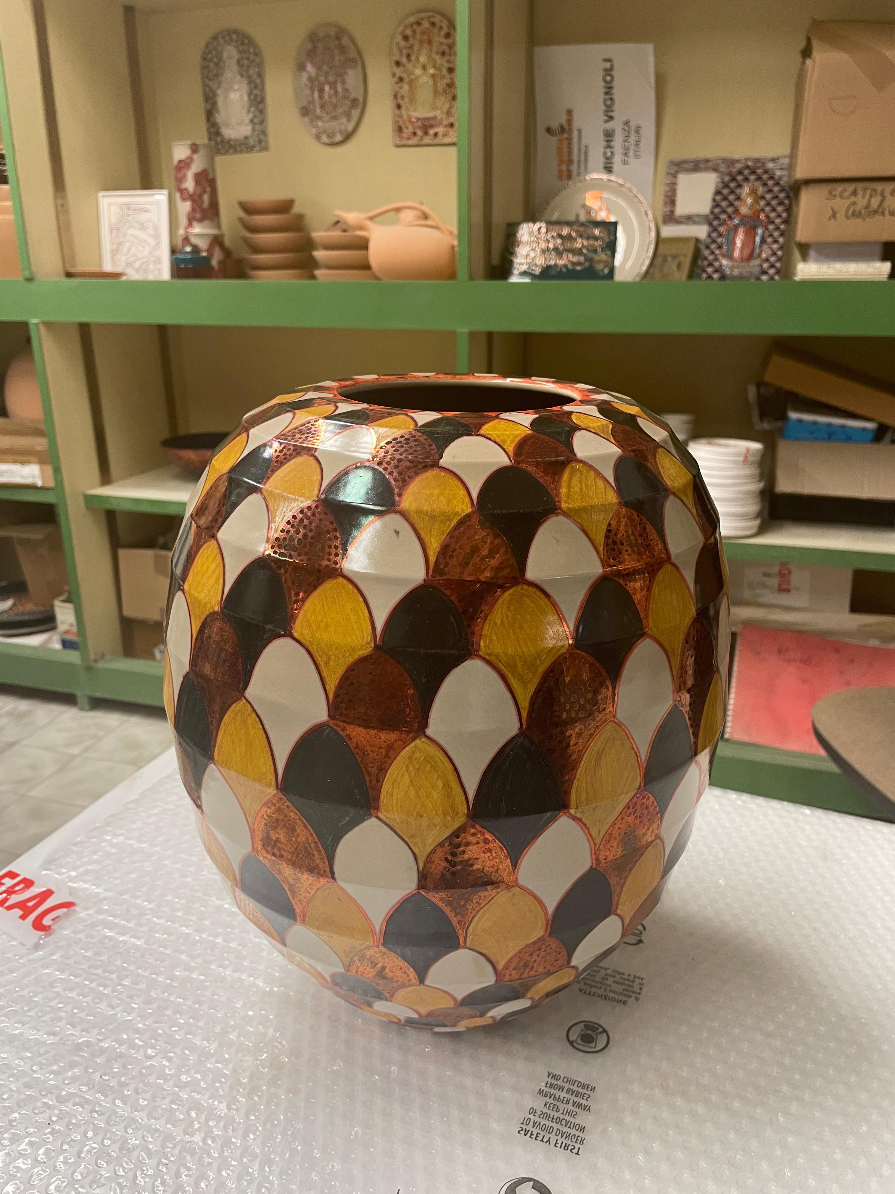 Hand-Painted Hand Painted Ceramic Vase by Bottega Vignoli Italy Contemporary Majolica For Sale