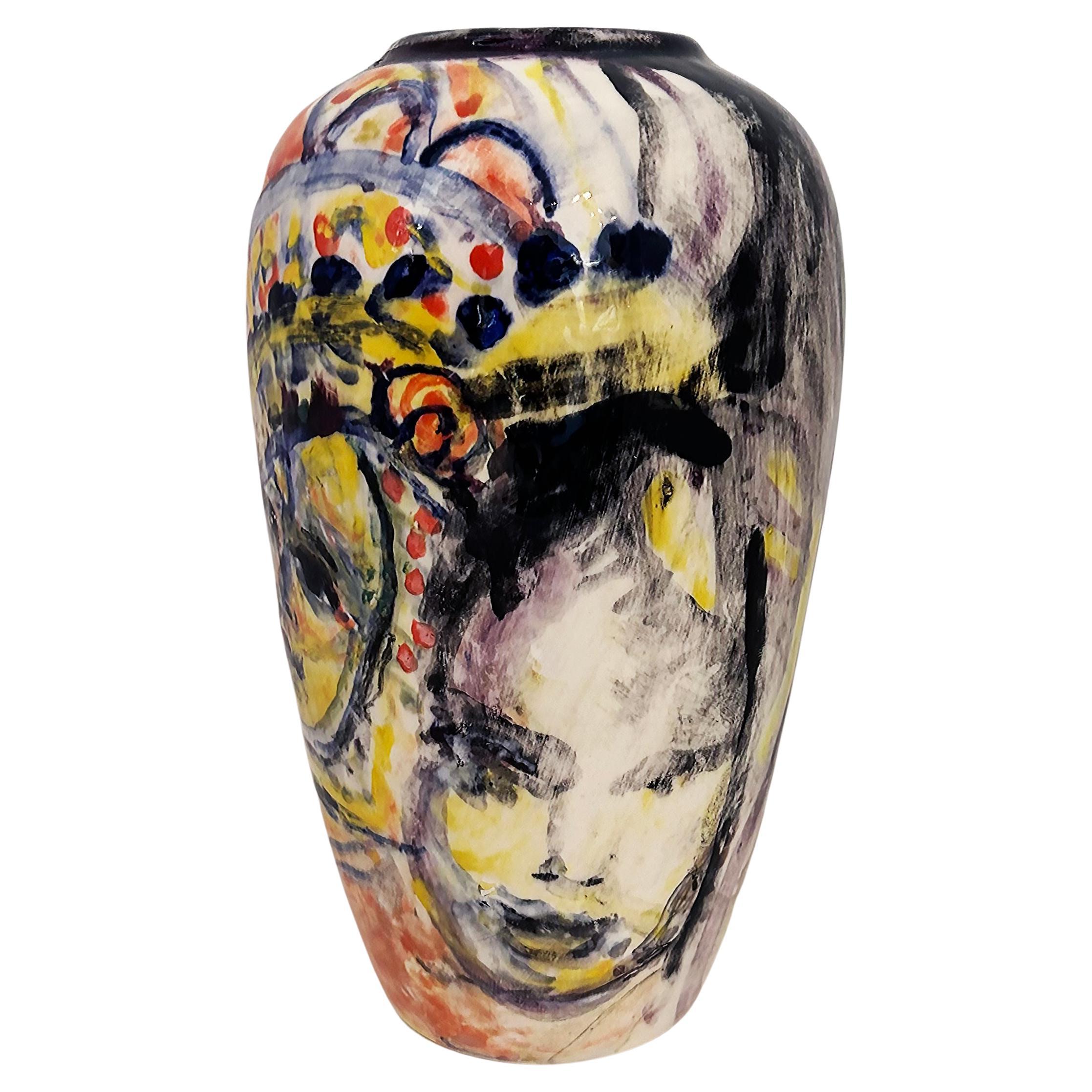 Hand-painted Ceramic Vase "Faces" by Gloria Allison Cuban American Artist
