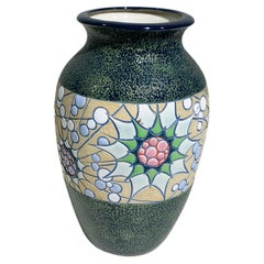 Hand-Painted Ceramic Vase- Floral Motif/Textured Finish, Signed,  Circa 1930's