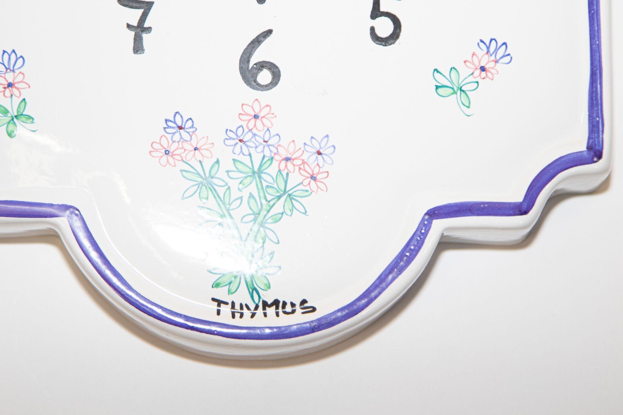 Hand-Painted Hand Painted Ceramic Wall Clock with Thymus Design, Italy
