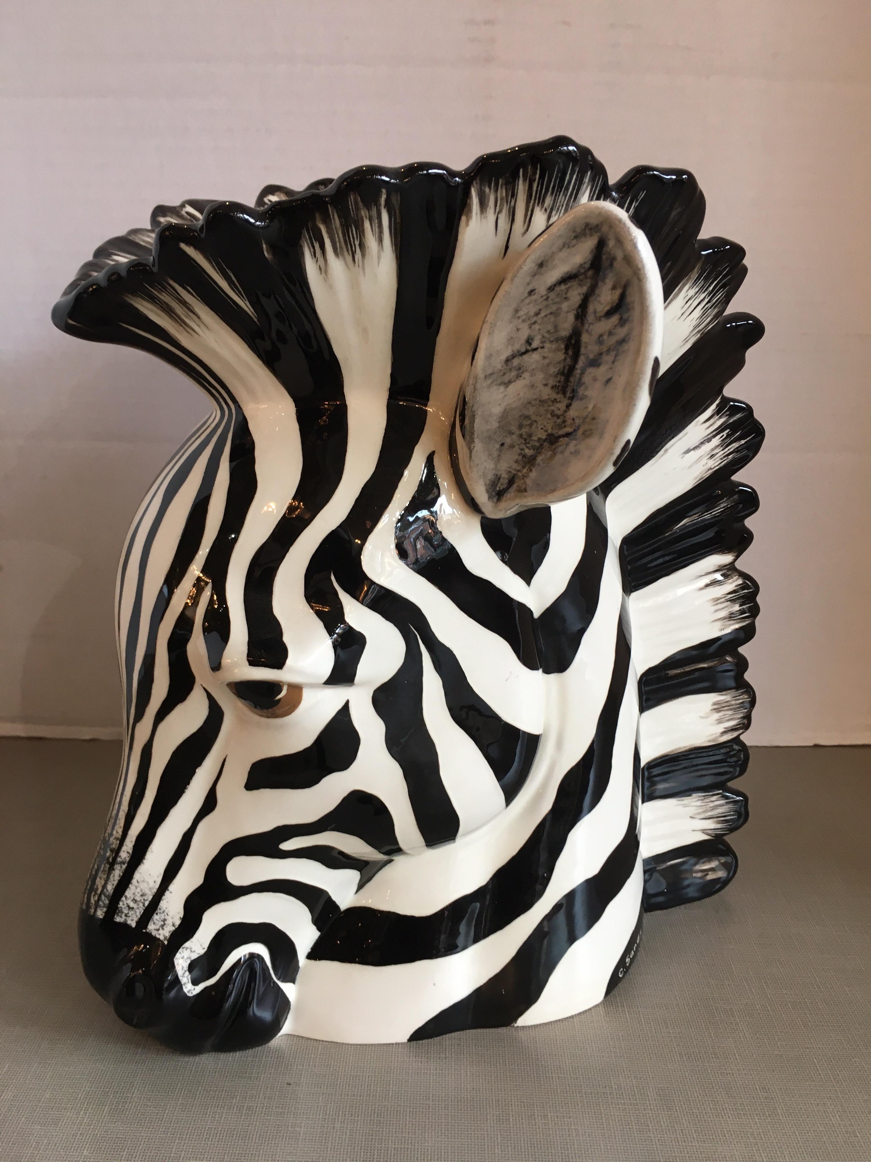 Hand painted ceramic zebra planter, signed by the artist. Great detail!