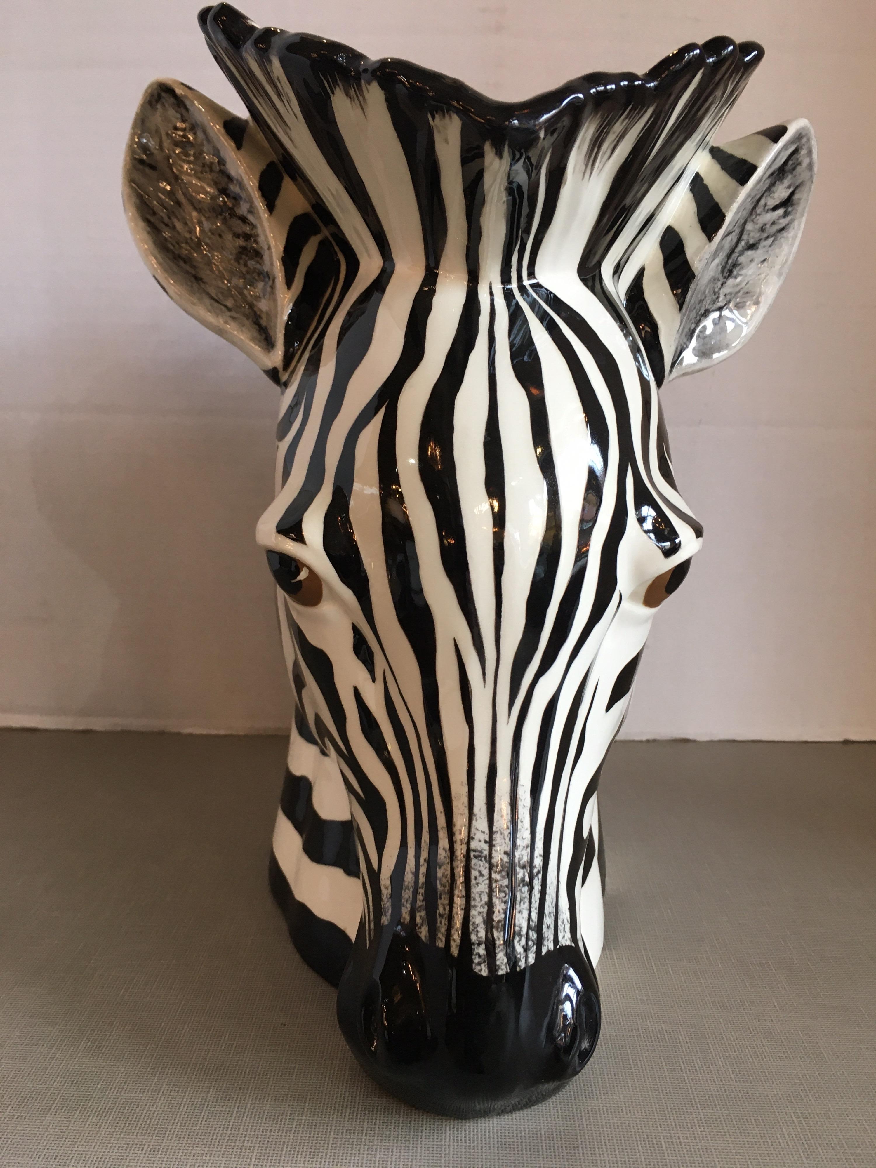 Late 20th Century Hand Painted Ceramic Zebra Planter