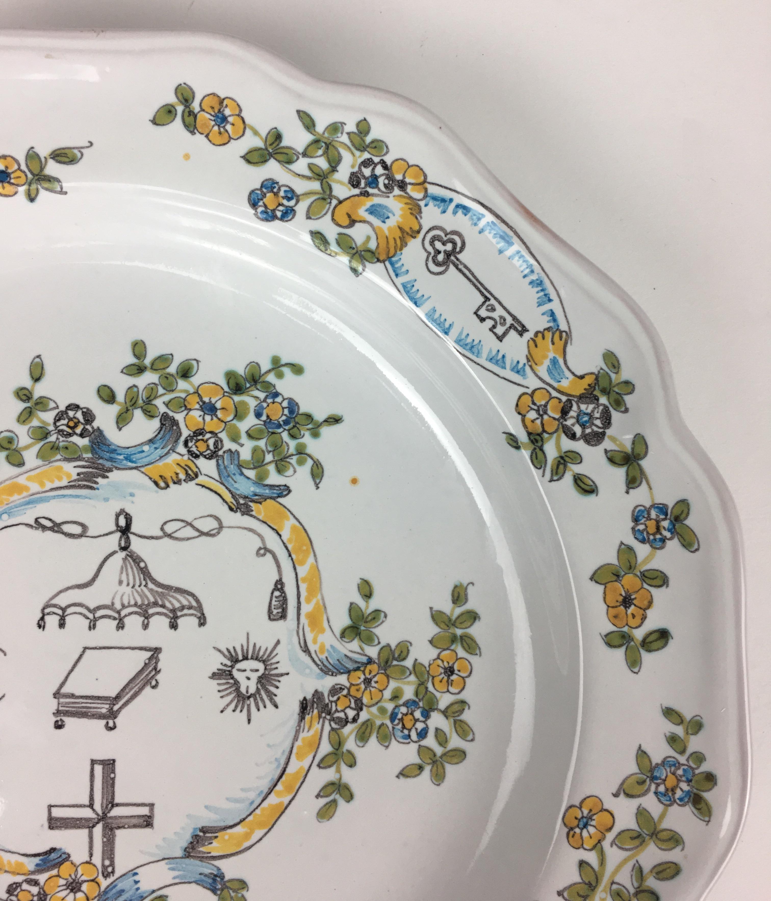 Hand-Painted Hand Painted Ceremonial Masonic Plate Signed Moustiers For Sale