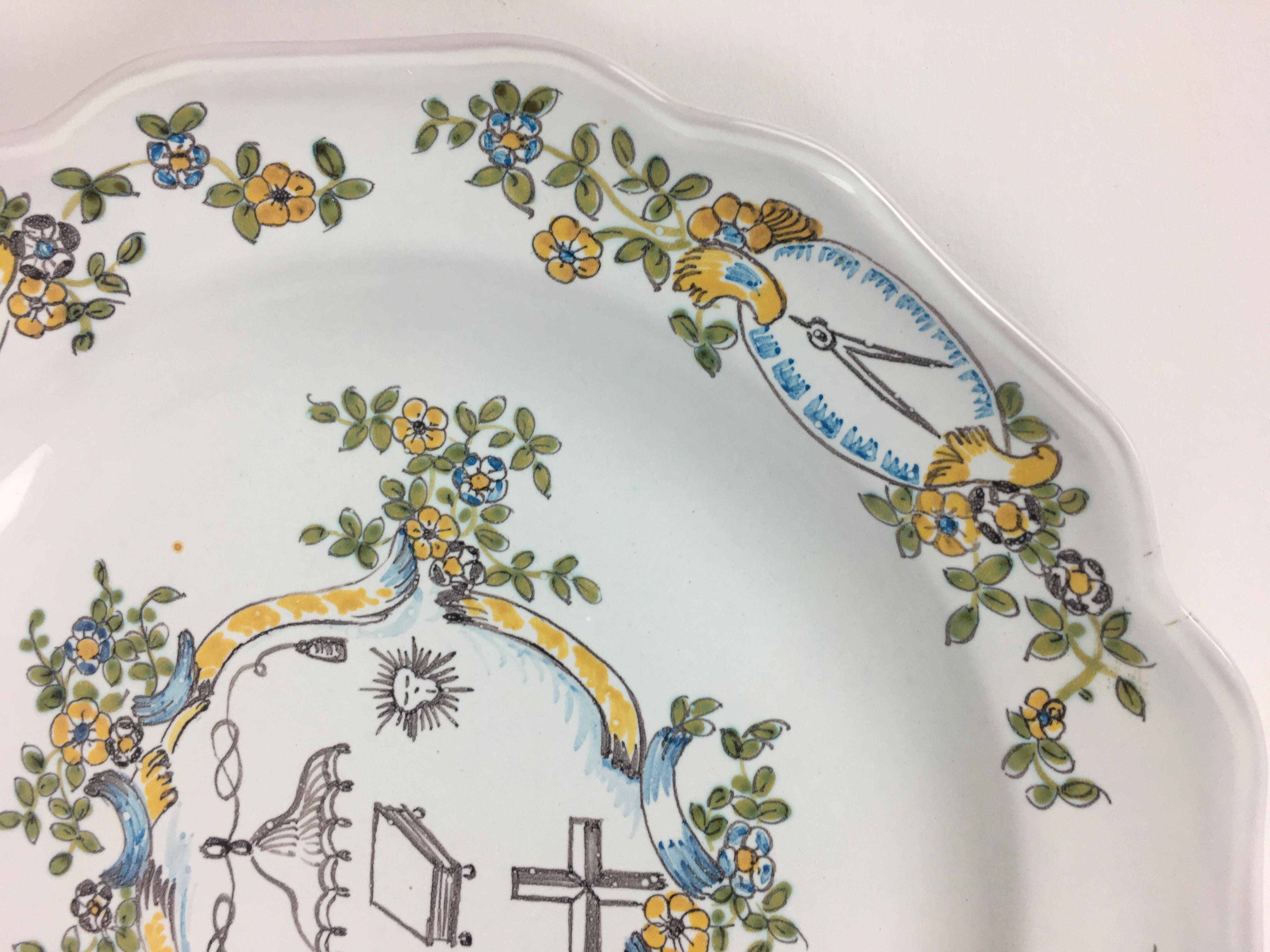 Hand Painted Ceremonial Masonic Plate Signed Moustiers In Good Condition For Sale In Miami, FL