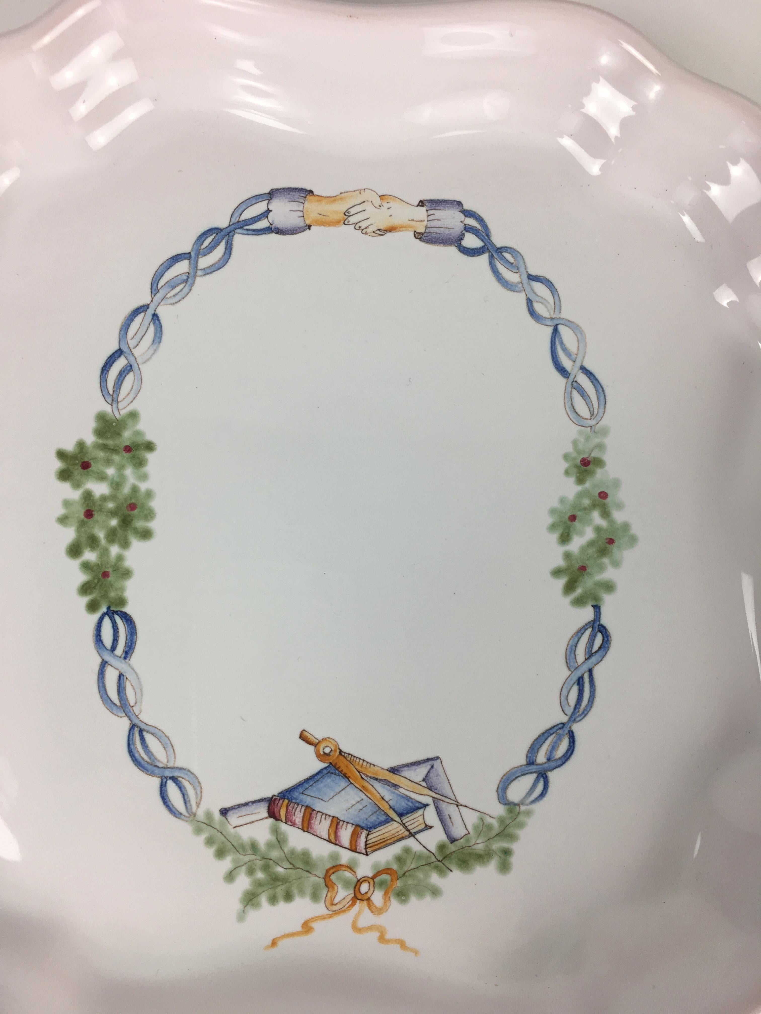 French Masonic Ceremonial Hand-Painted Plate Signed Moustiers For Sale