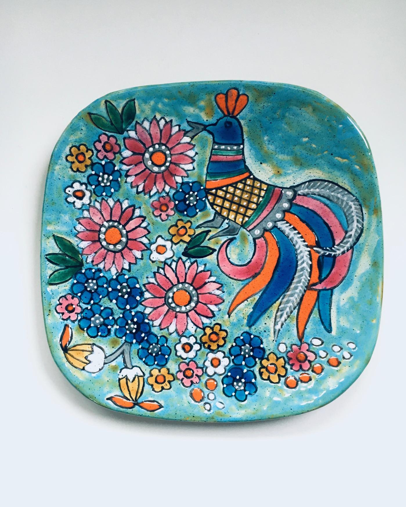 Vintage Midcentury Modern Art Pottery Charger, Dish Plate by Marjatta Taburet. Handcrafted in Quimper Britain France. 1960's. Hand-painted & signed one of a kind decorative ceramic charger created by listed artist master potter in Quimper Marjatta