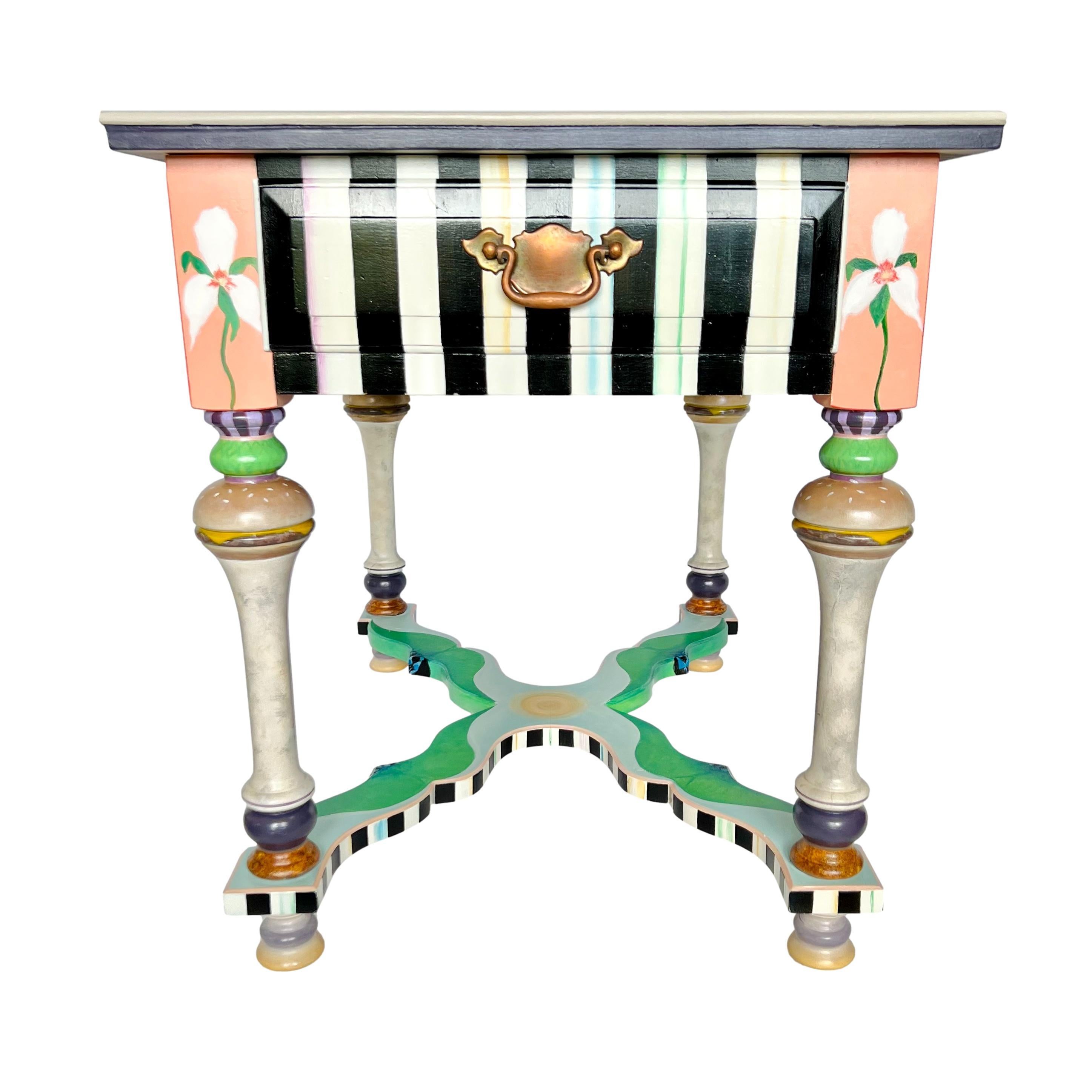 Butterfly, burgers & birds - This vintage Tell City Young Republic rock maple end table has been given a one-of-a-kind hand painted update in the manner of MacKenzie-Childs. From the top we have a pearly gray or greige surface adorned with a