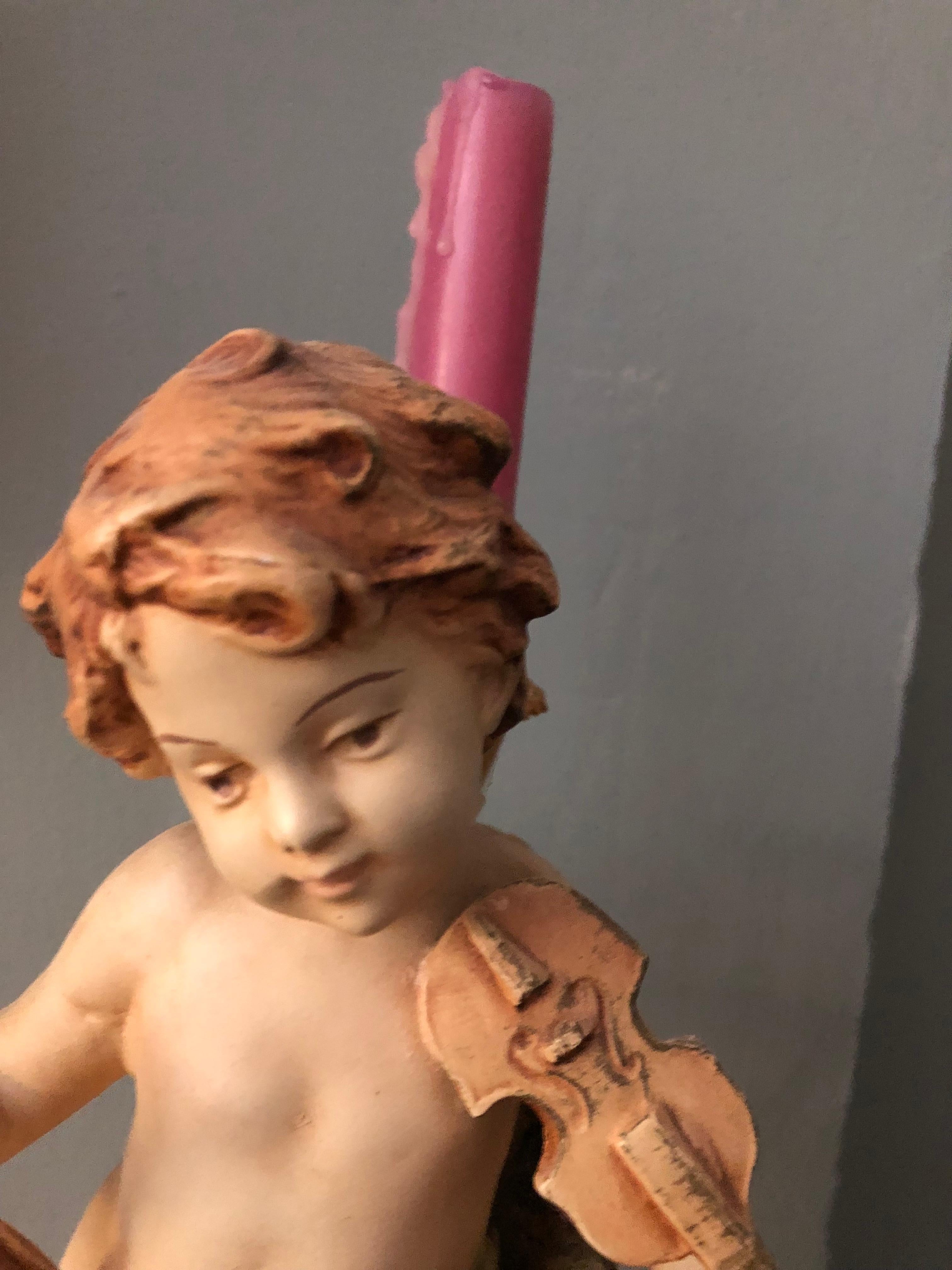 Baroque Hand-Painted Cherub Candle Holder, Painted Metal Musical Theme Cherub For Sale