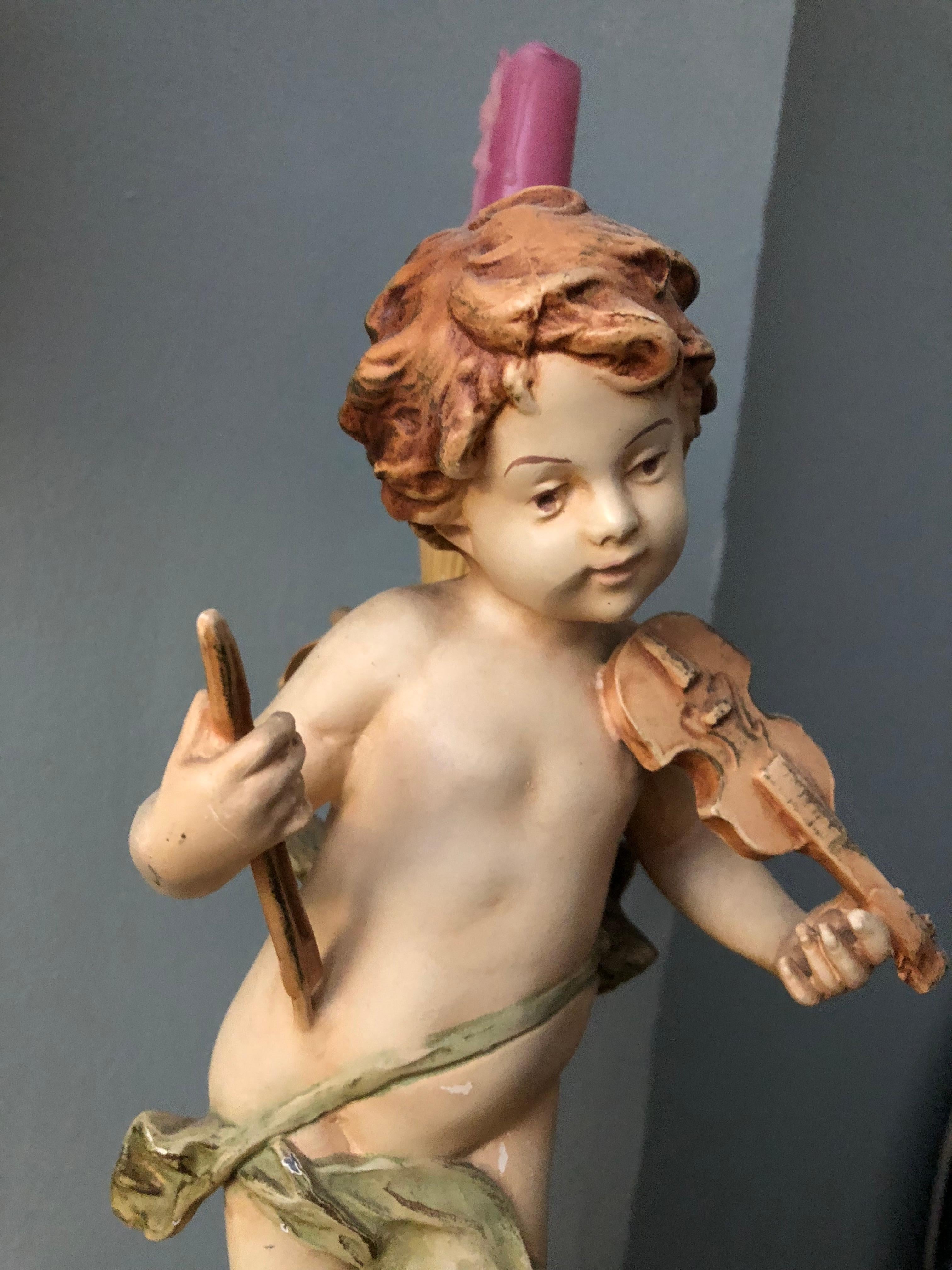 Unknown Hand-Painted Cherub Candle Holder, Painted Metal Musical Theme Cherub For Sale