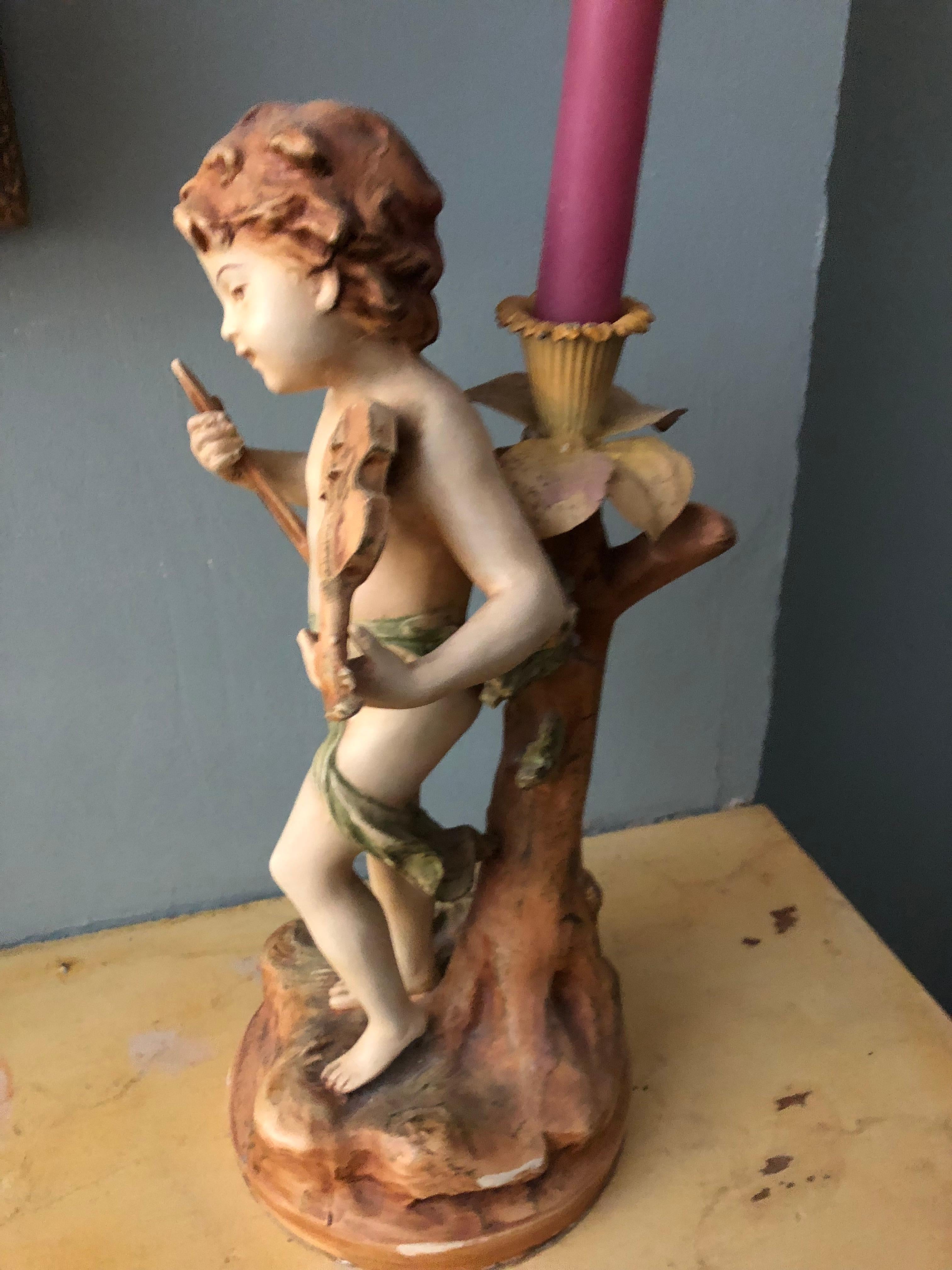 Hand-Painted Cherub Candle Holder, Painted Metal Musical Theme Cherub In Good Condition For Sale In Harrisburg, PA