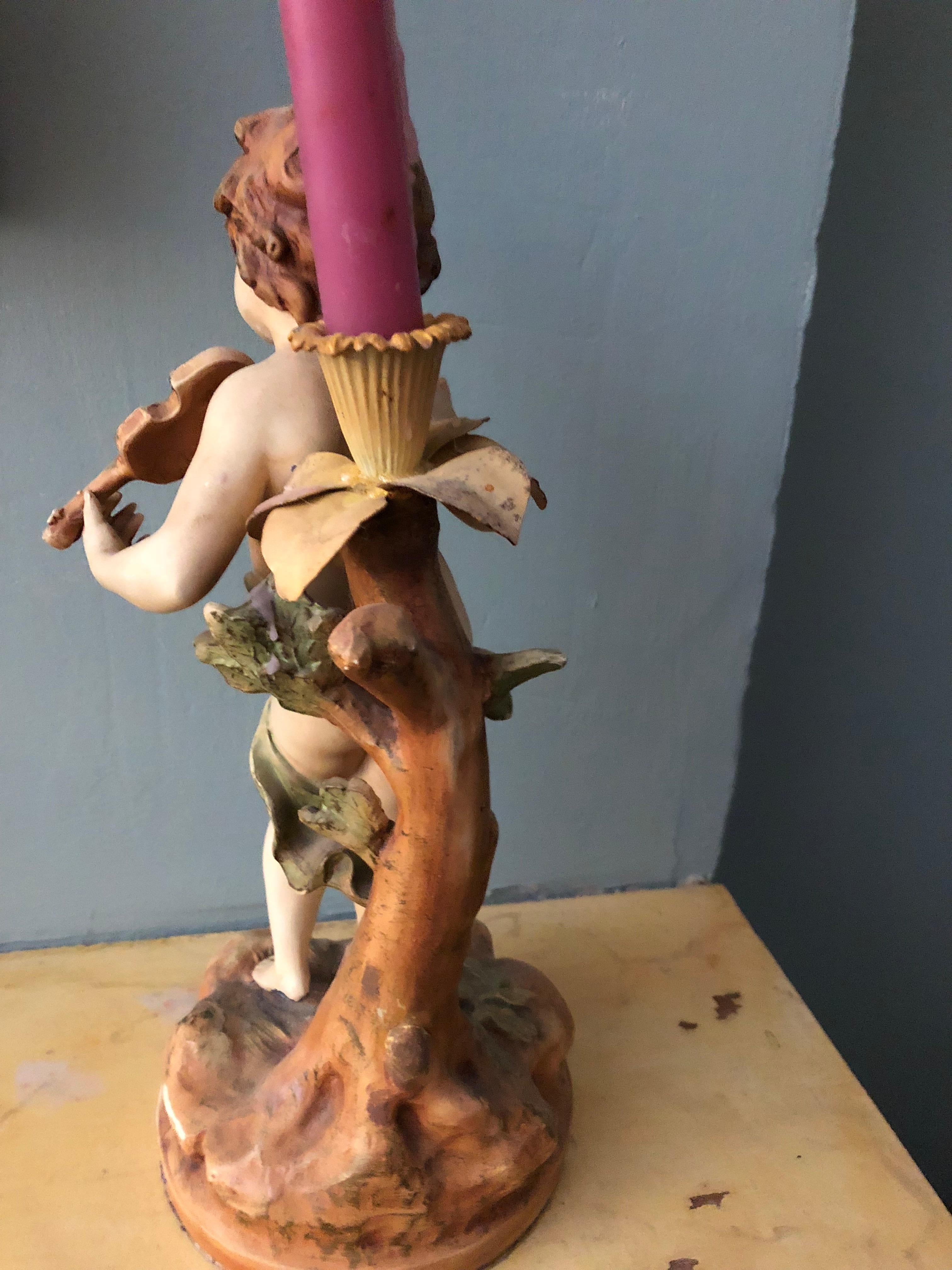 Mid-20th Century Hand-Painted Cherub Candle Holder, Painted Metal Musical Theme Cherub For Sale