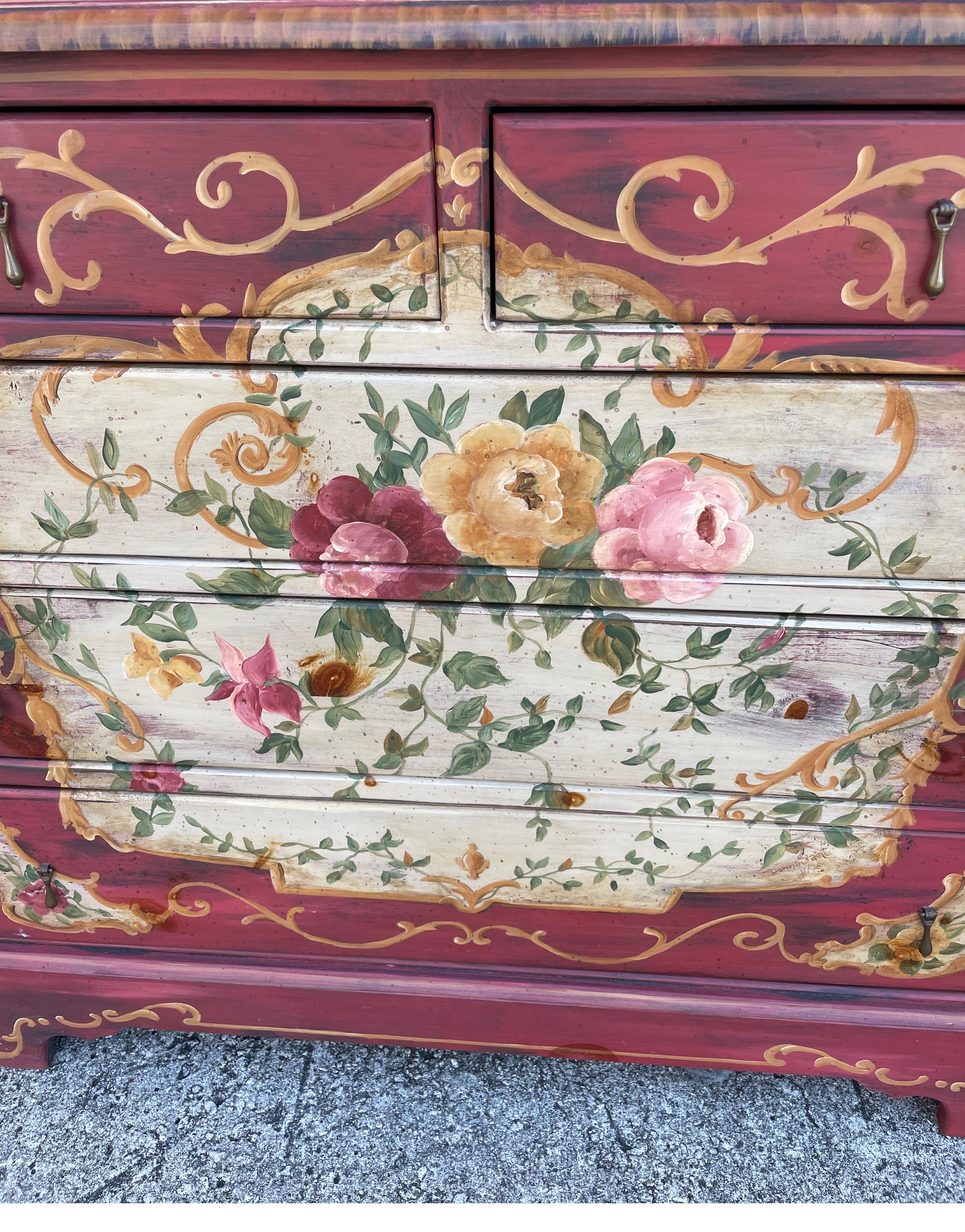 Five drawer hand painted chest in a floral motif by Habersham Plantation.
