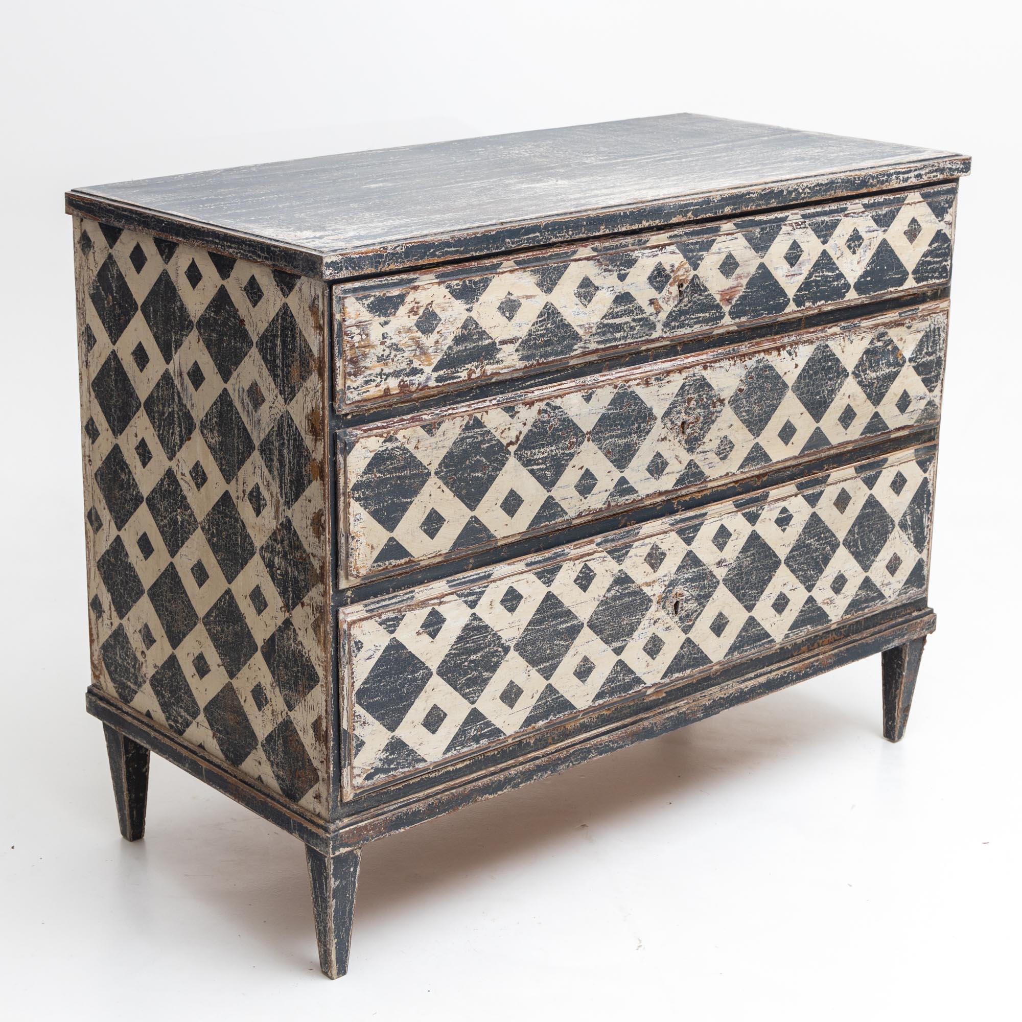 Wood Hand Painted Chest of Drawers with Harlequin Pattern, 19th Century