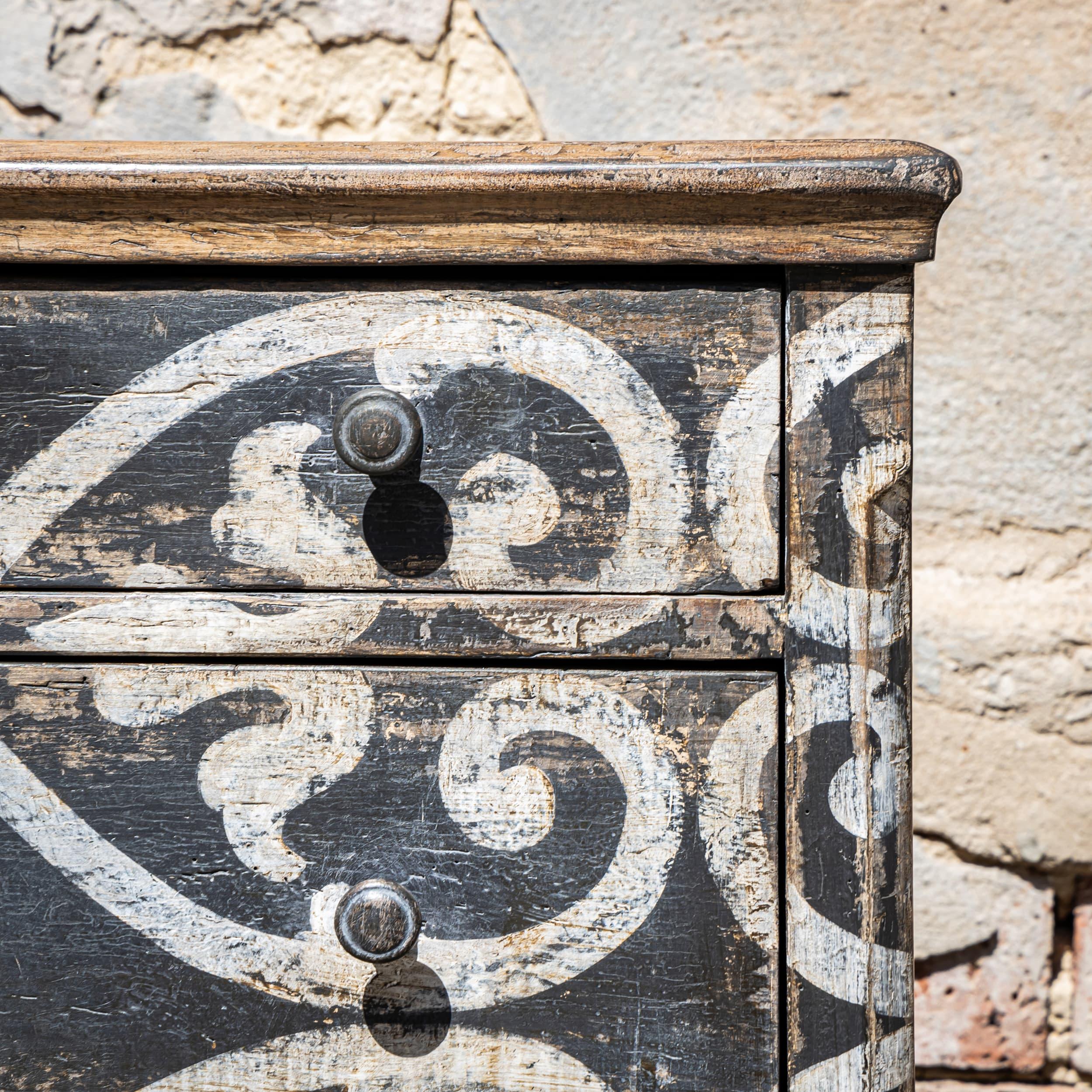 Patinated Hand-Painted Chest of Drawers with Heart Motif, 19th Century For Sale