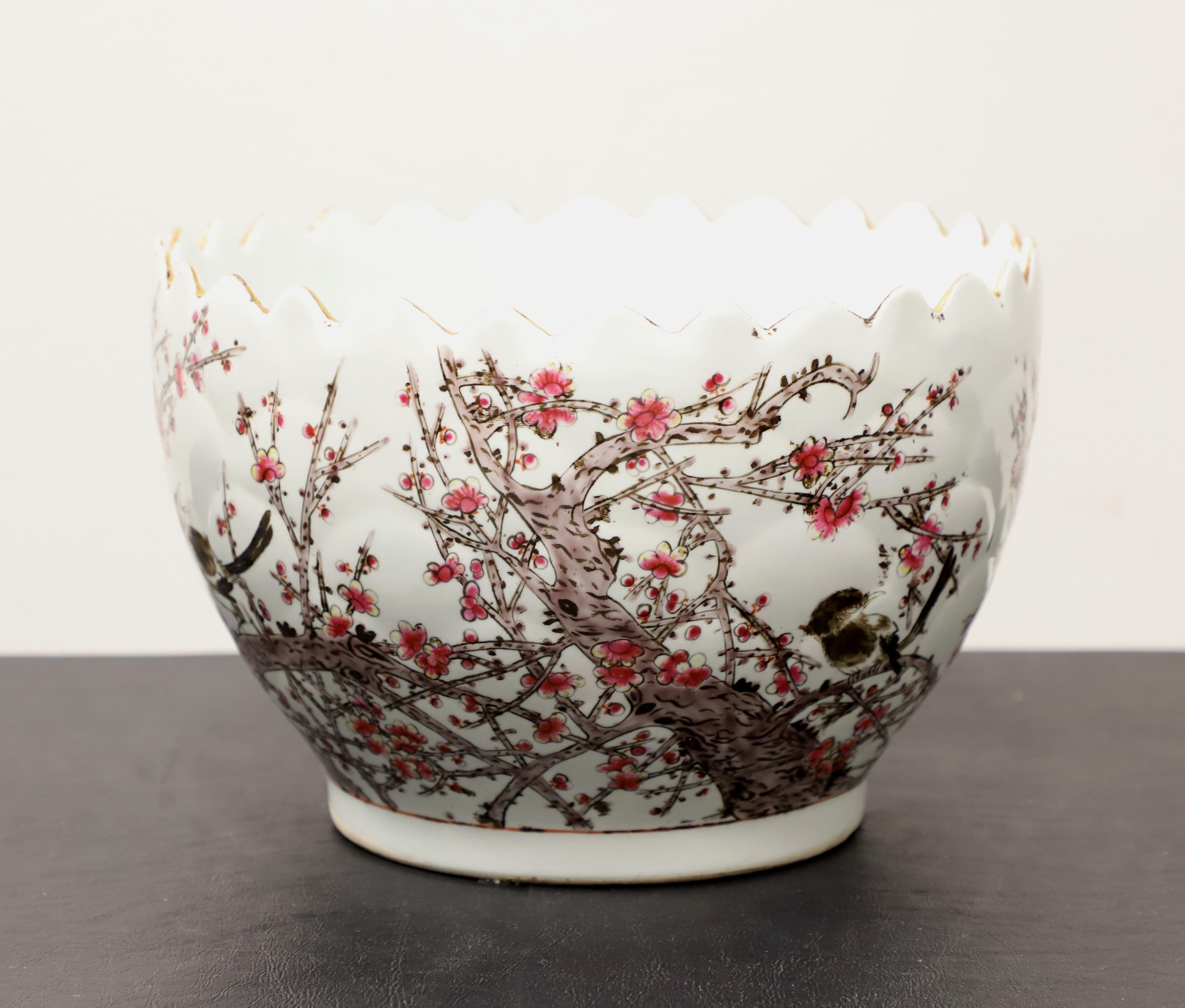 Chinoiserie Hand Painted Chinese Birds & Cherry Blossoms Sawtooth Porcelain Bowl