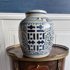 Hand-Painted Chinese Blue & White Porcelain Double Happiness Ginger Jar