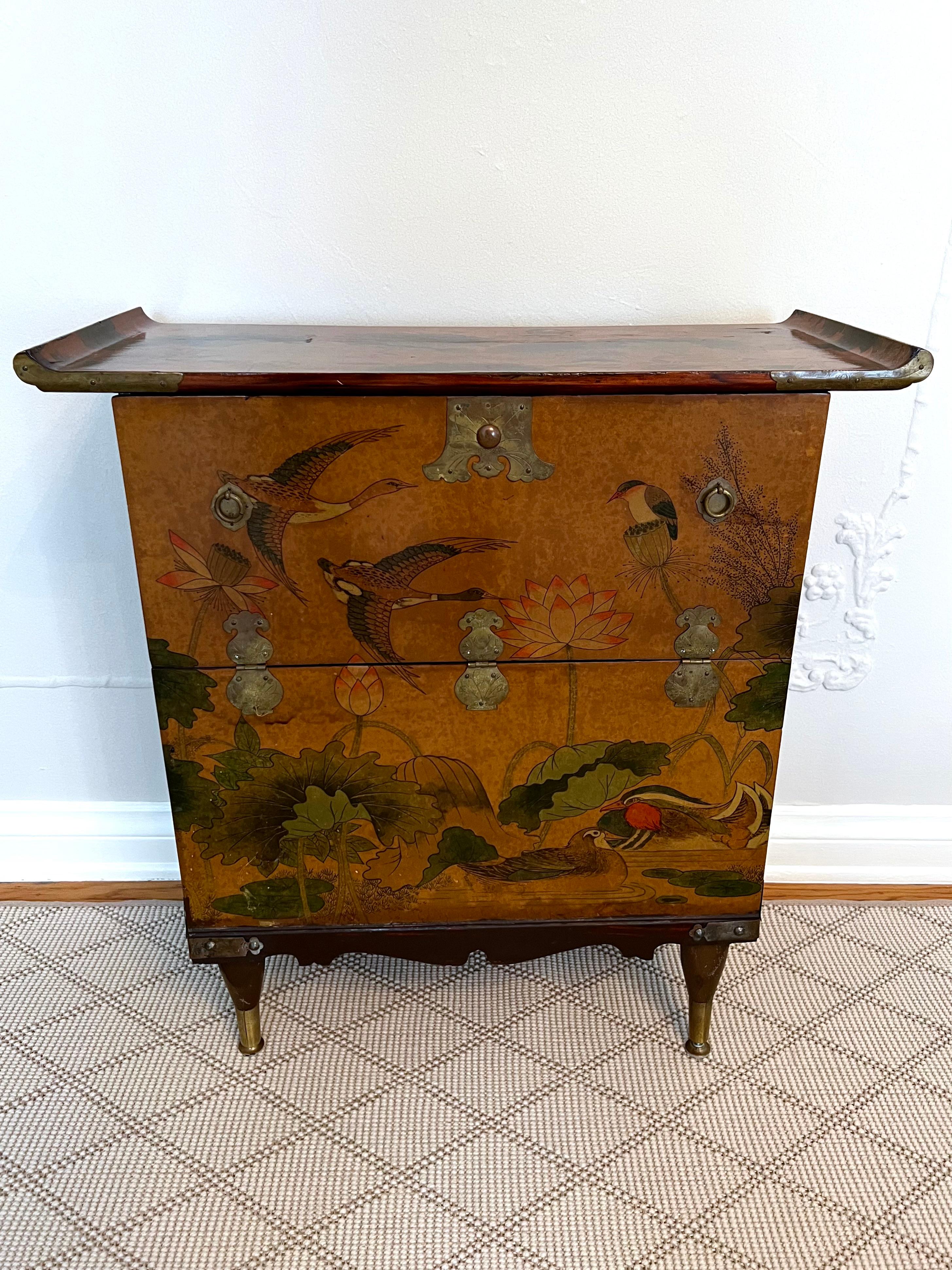 Hand Painted Chinese Cabinet with Bird and Lotus Detail and Deep Door  5
