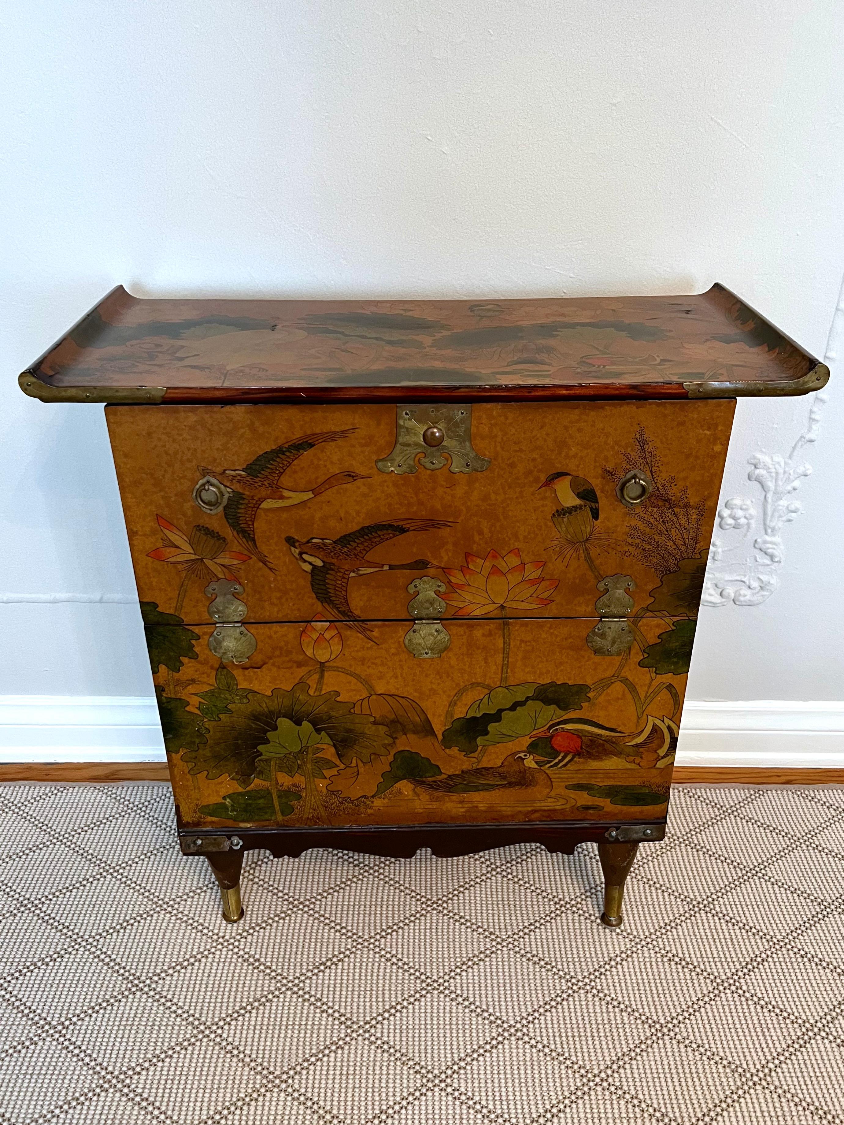 Hand Painted Chinese Cabinet with Bird and Lotus Detail and Deep Door  7