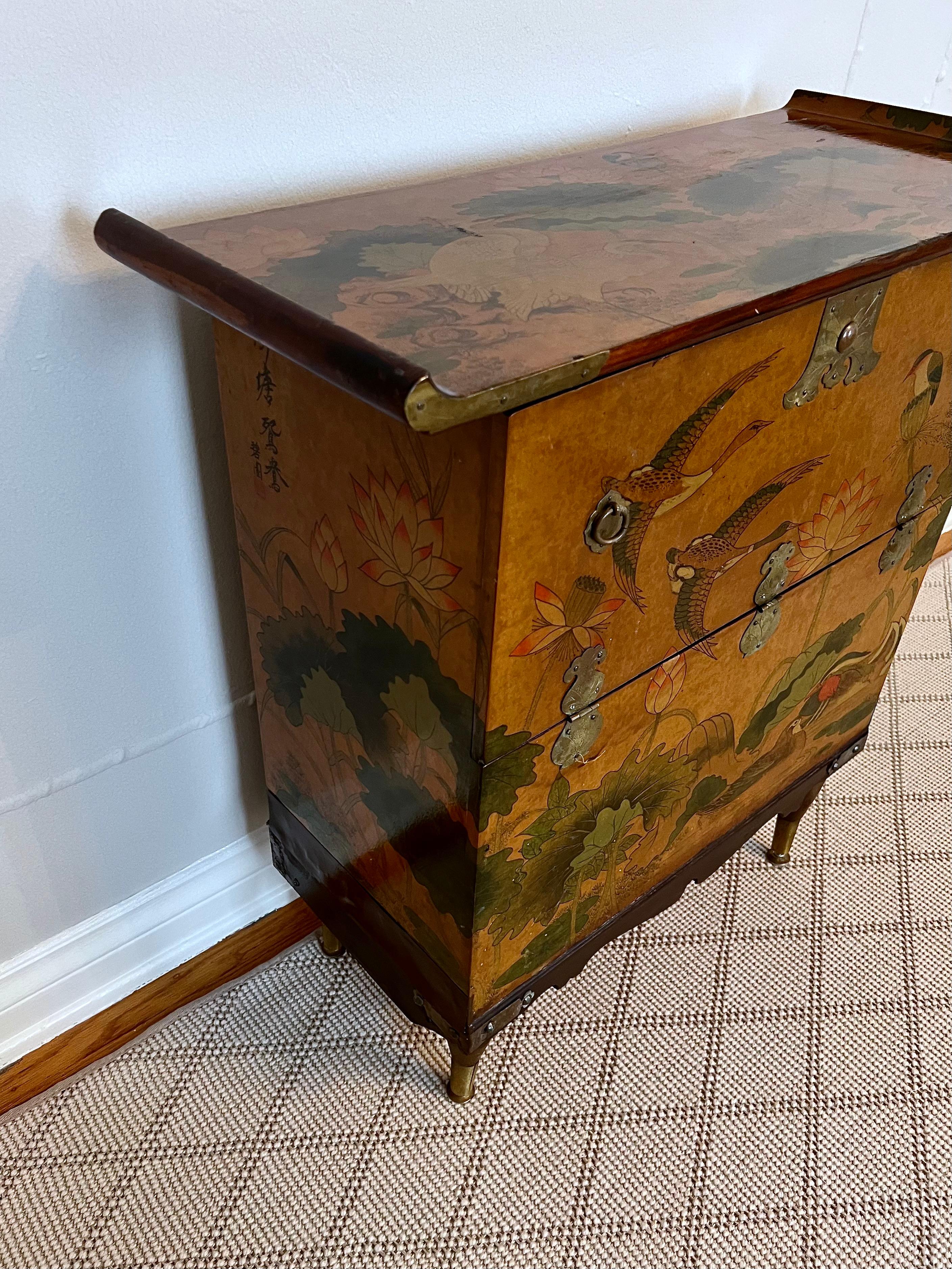 Hand Painted Chinese Cabinet with Bird and Lotus Detail and Deep Door  8
