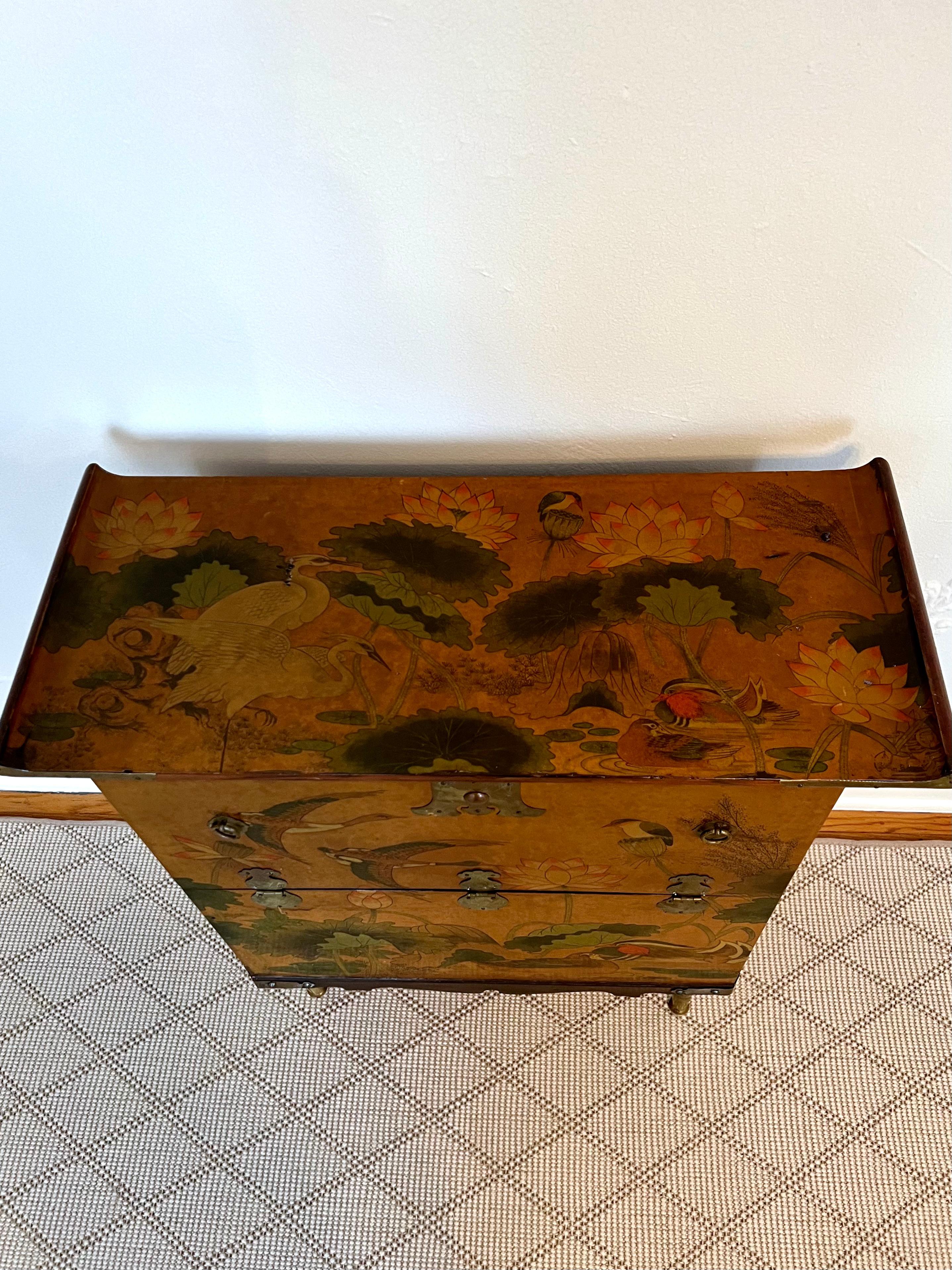 Chinese Export Hand Painted Chinese Cabinet with Bird and Lotus Detail and Deep Door 