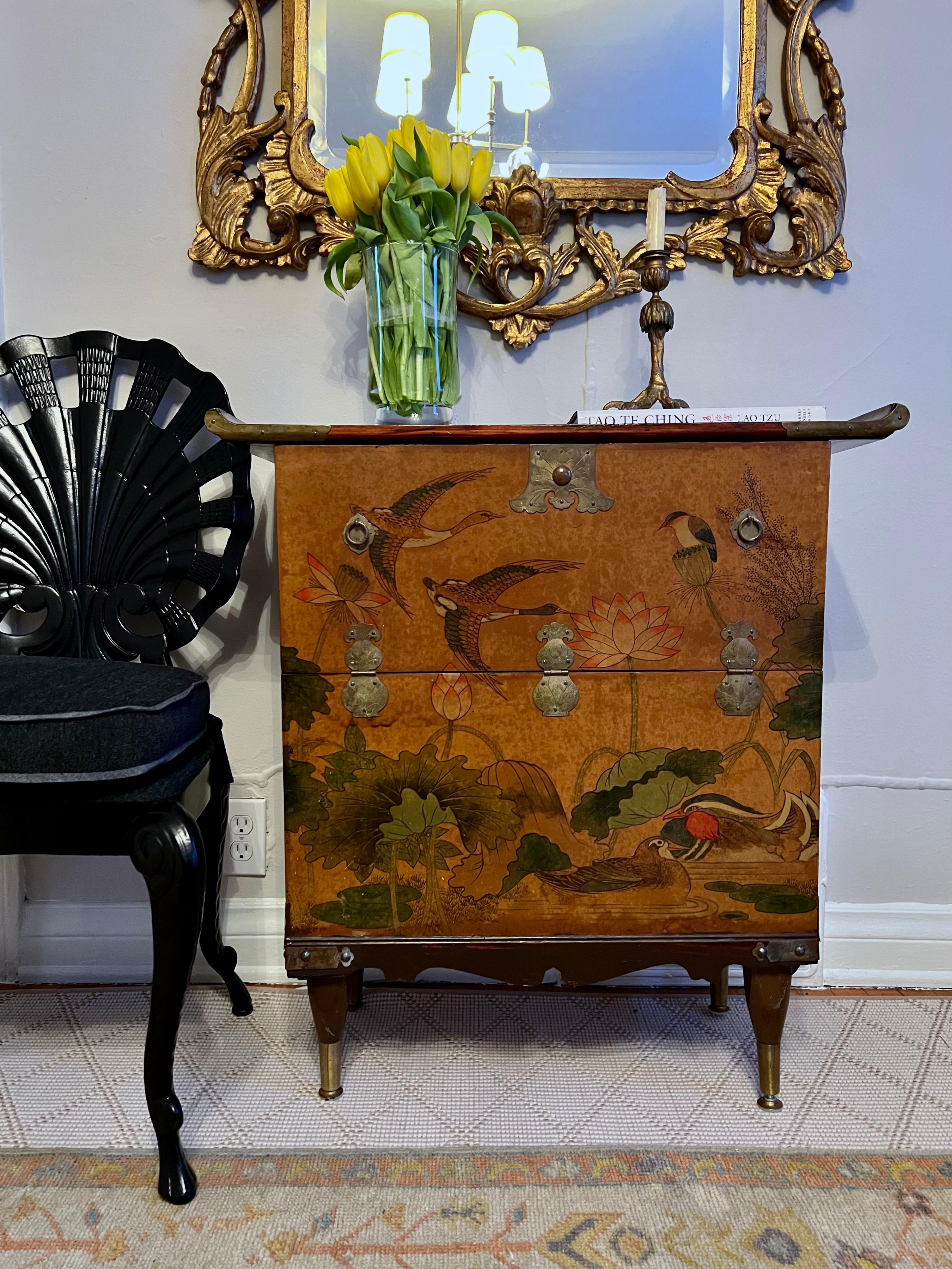 20th Century Hand Painted Chinese Cabinet with Bird and Lotus Detail and Deep Door 