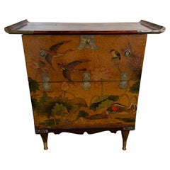 Hand Painted Chinese Cabinet with Bird and Lotus Detail and Deep Door 
