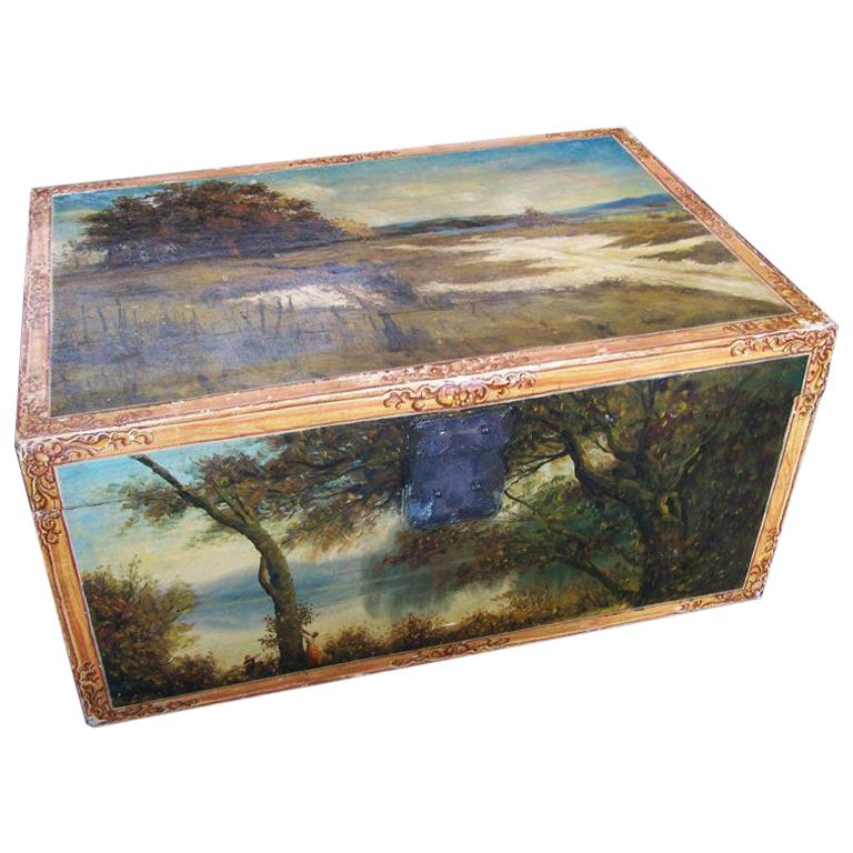 Hand Painted Chinese Export Trunk with European Landscape Scenes, 19th Century