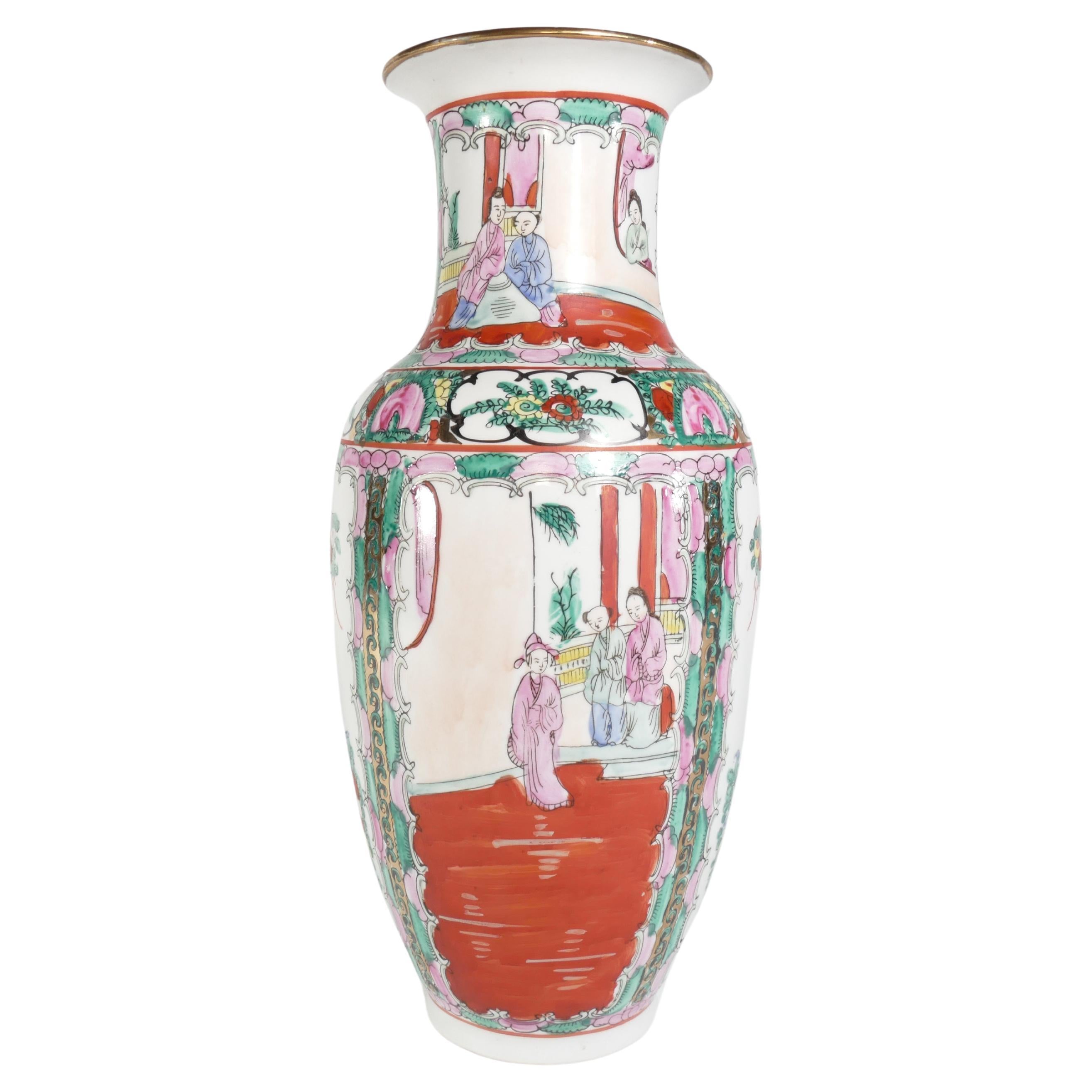Hand Painted Chinese Famille Rose Medallion Ceramic Vase, 1970s For Sale