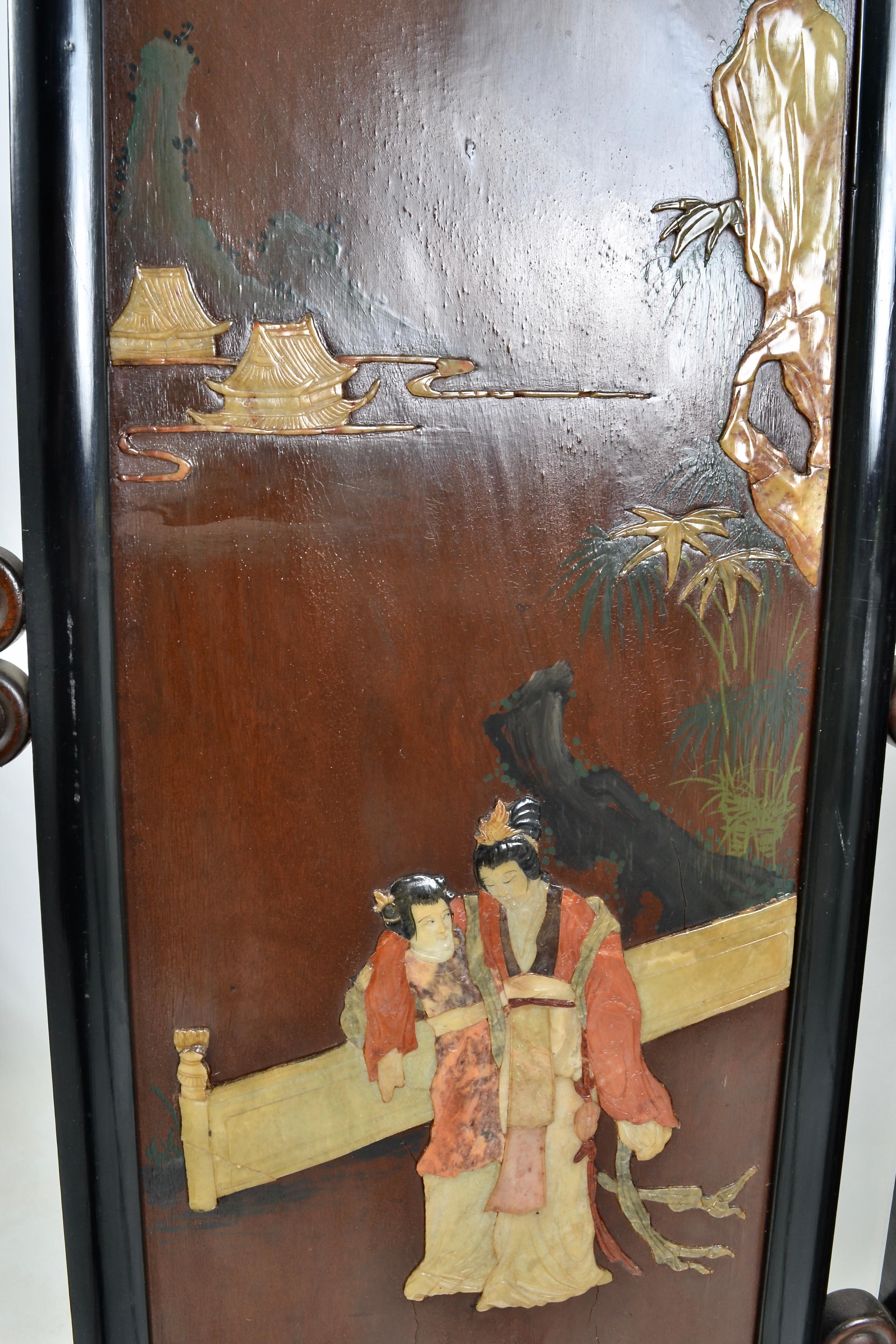 Wood Hand Painted Chinese Screen with Specimen Stone Inlays