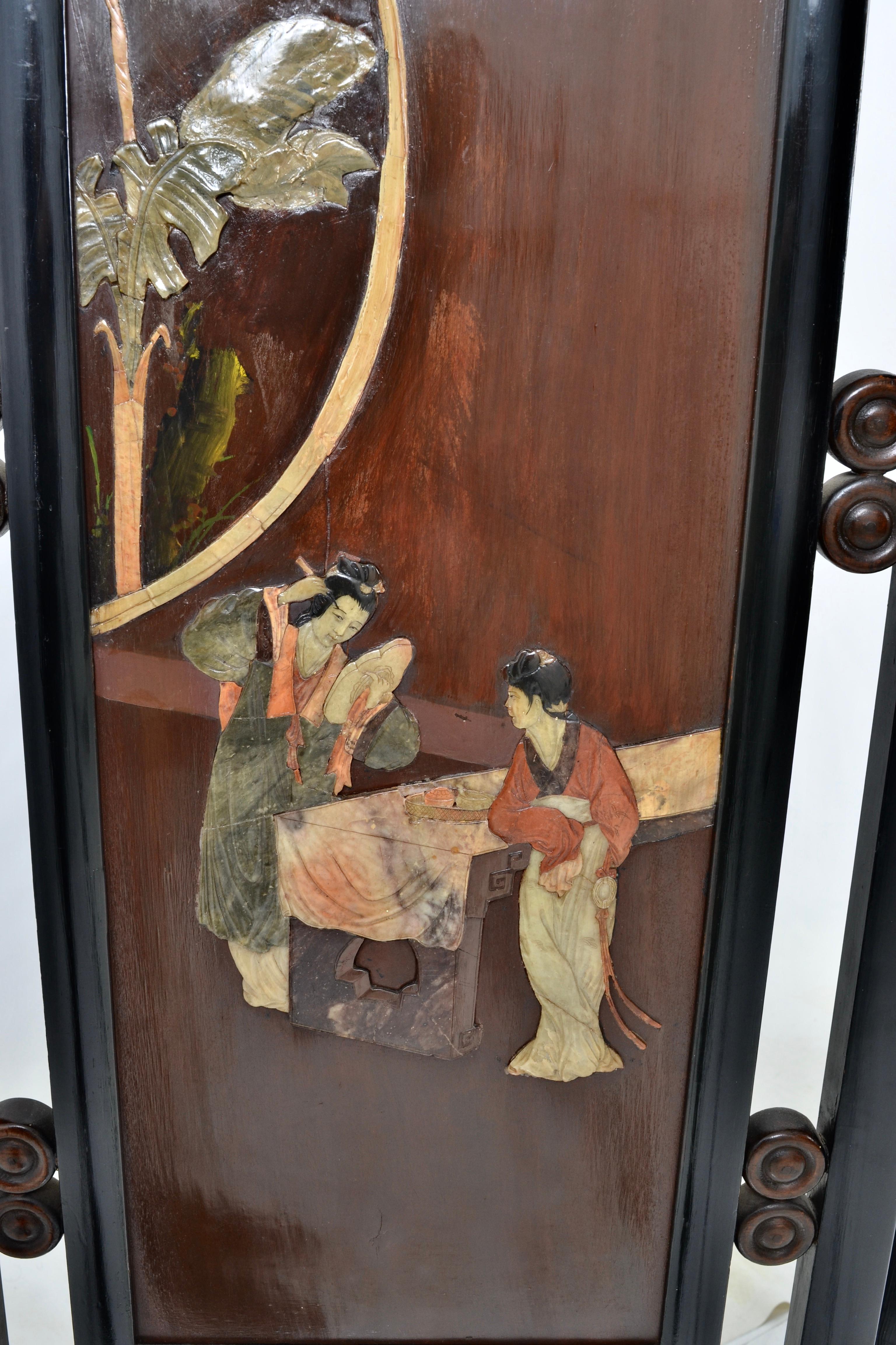 Hand Painted Chinese Screen with Specimen Stone Inlays 1
