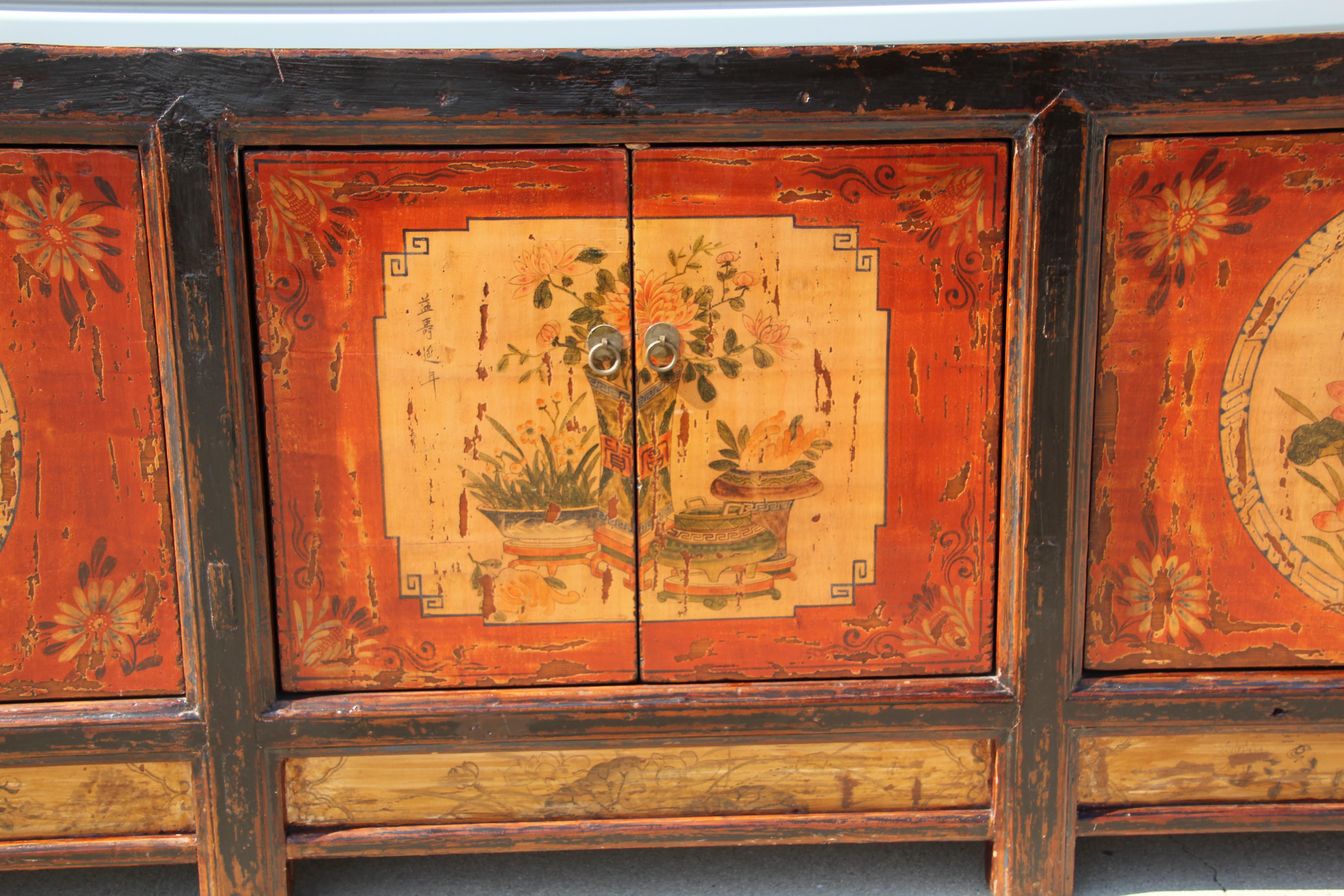 Hand Painted Mongolian Sideboard Cabinet In Fair Condition In North Hollywood, CA