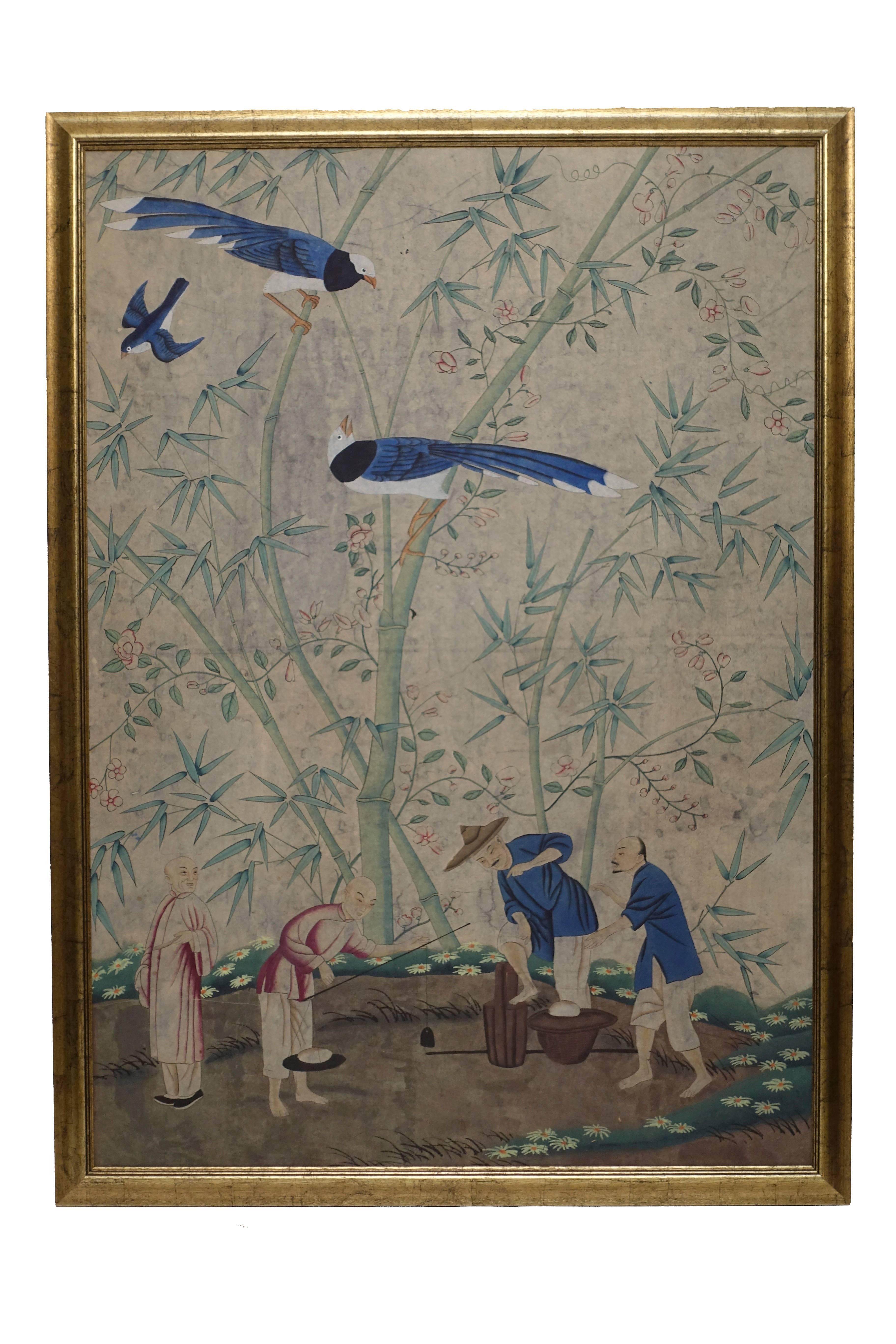 A framed Chinese wall paper panel, hand-painted with scene of birds, figures and bamboo. China, mid-20th century, circa 1960.
